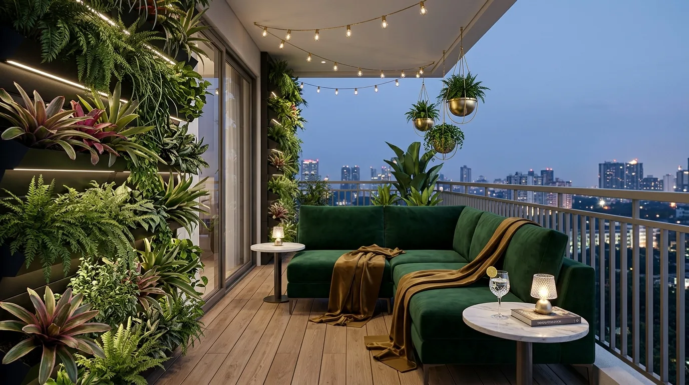 Trellis with climbing plants maximizing vertical balcony space.