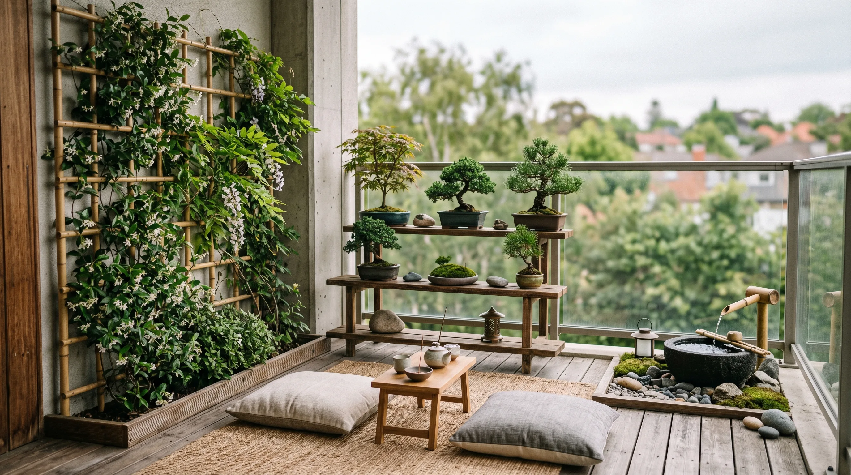 Vertical decor layers adding depth to a compact balcony.
