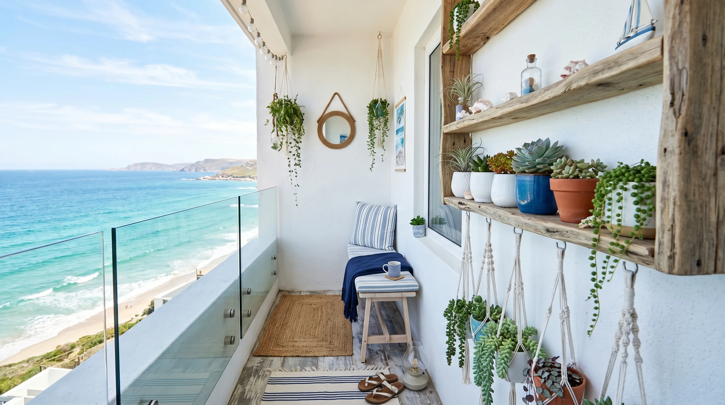 Wall-mounted storage organizing a very small balcony.