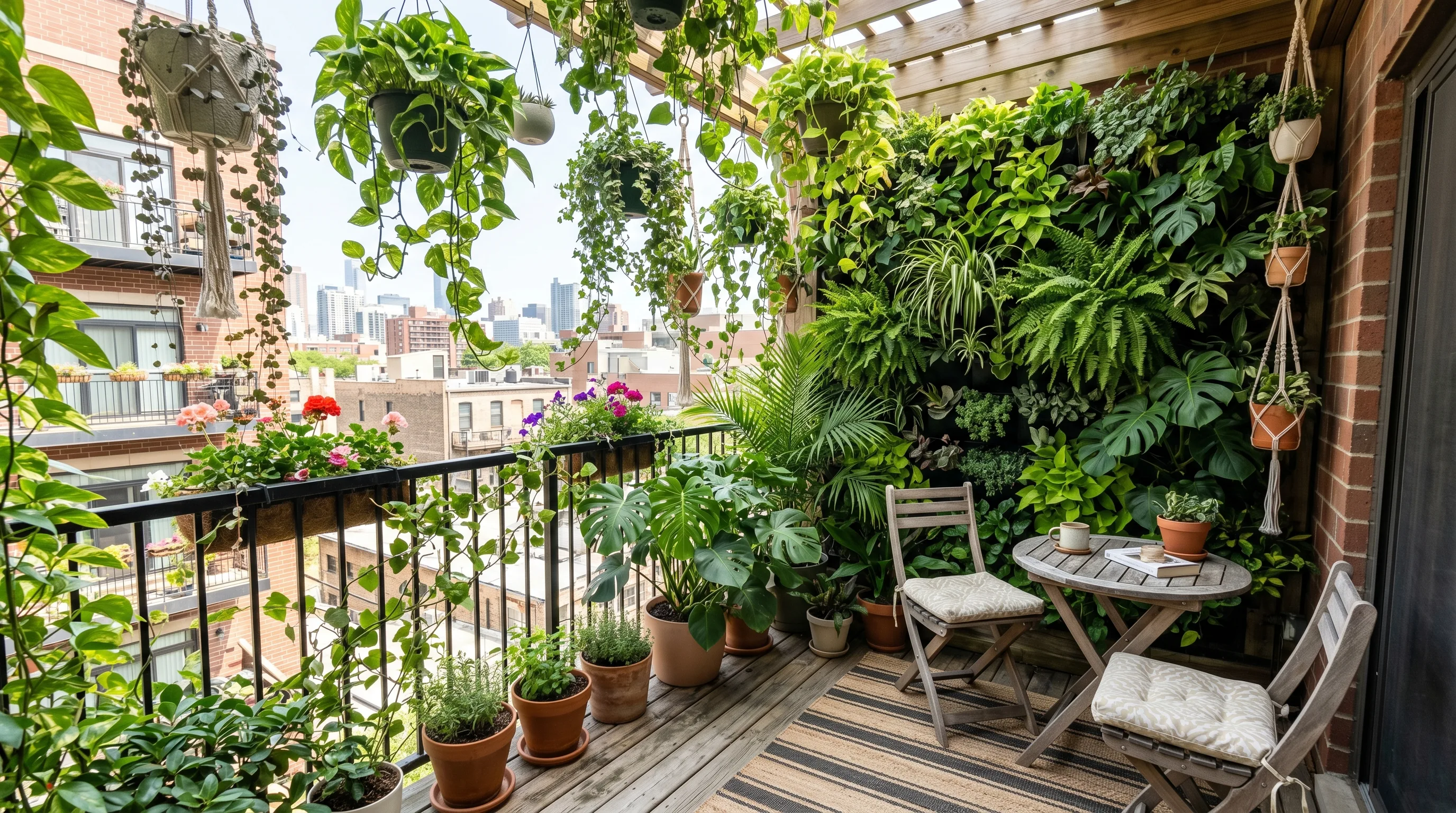 Tall plant anchoring the corner of a very small balcony.
