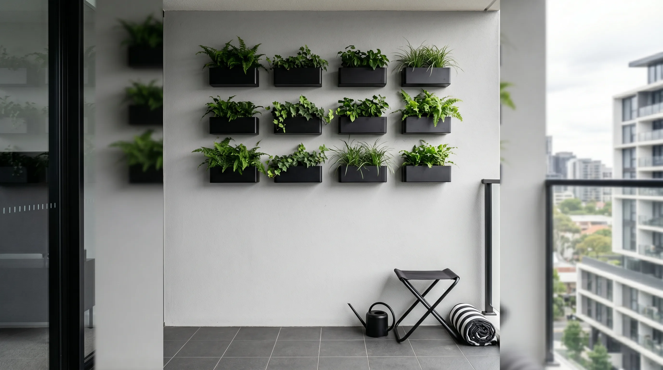 Narrow privacy screen using vertical space on a tiny balcony.