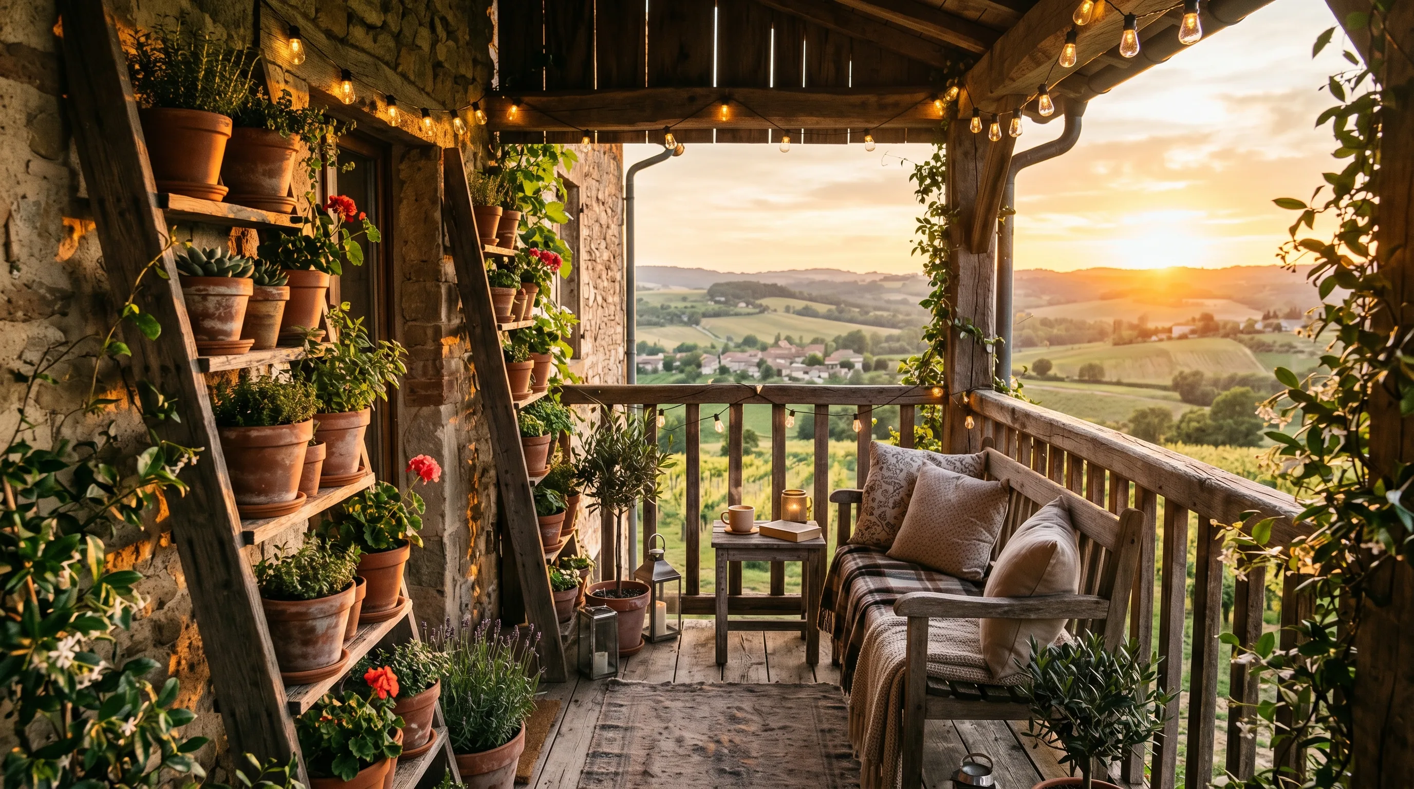 Artful wall accents decorating a compact balcony vertically.