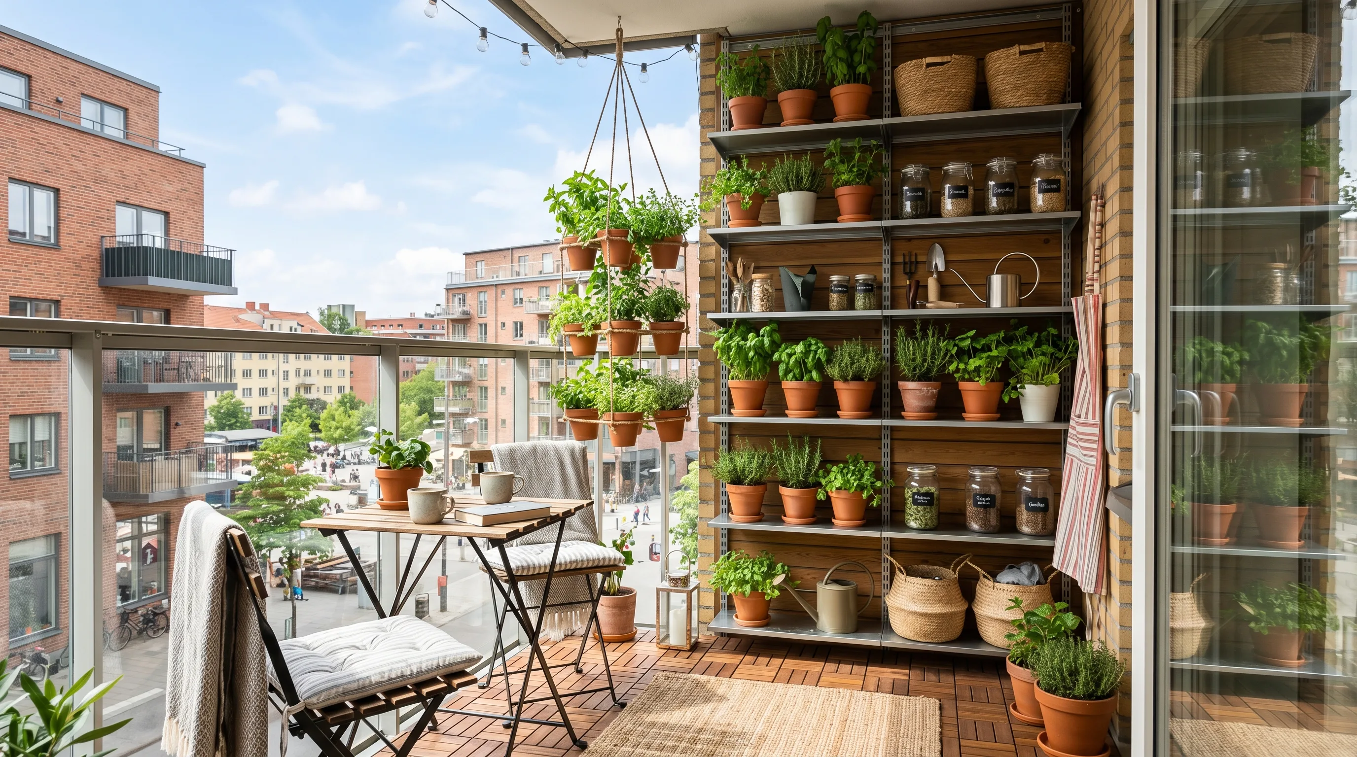 Very small balcony feeling smarter through floor-to-ceiling use of space.
