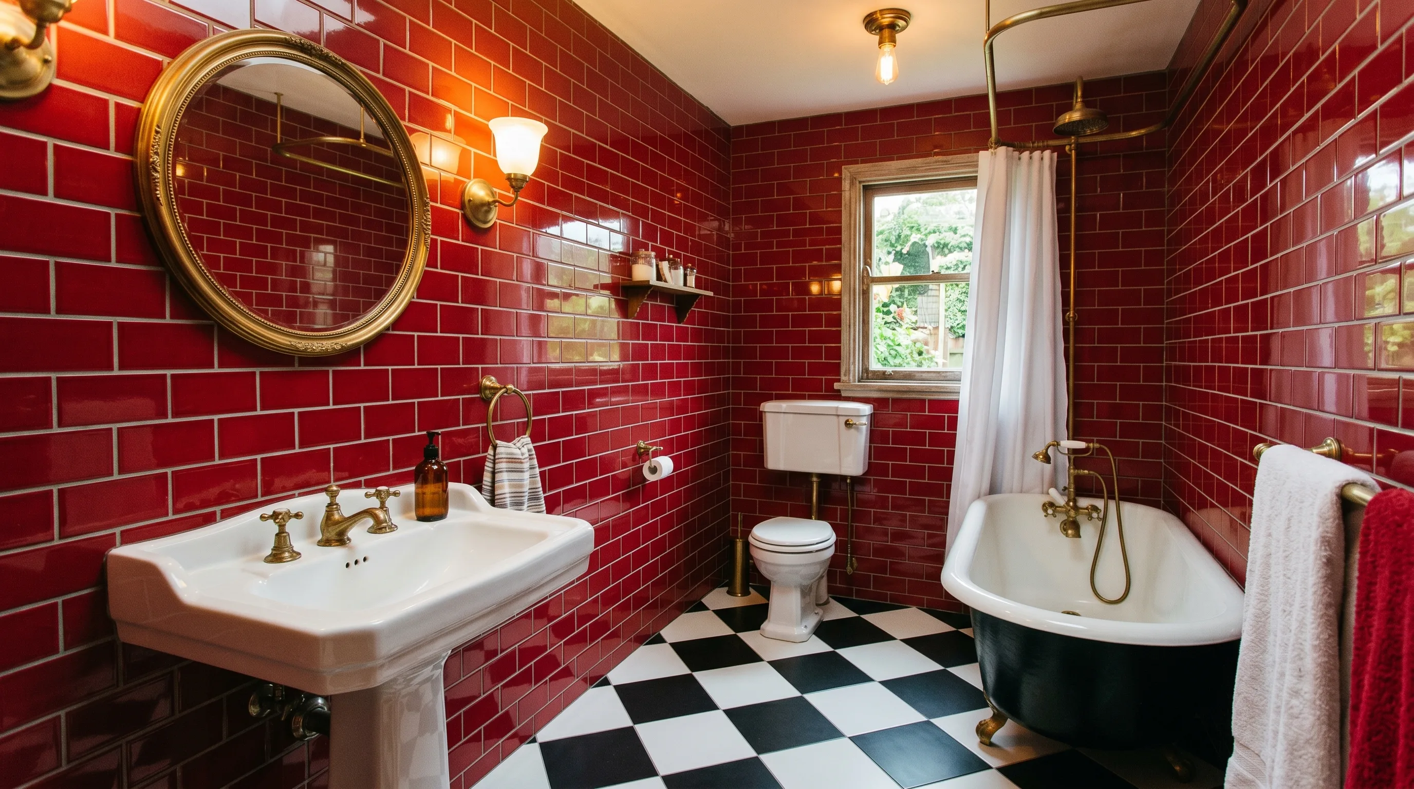 Vibrant red tile bathroom with a bold vintage statement.