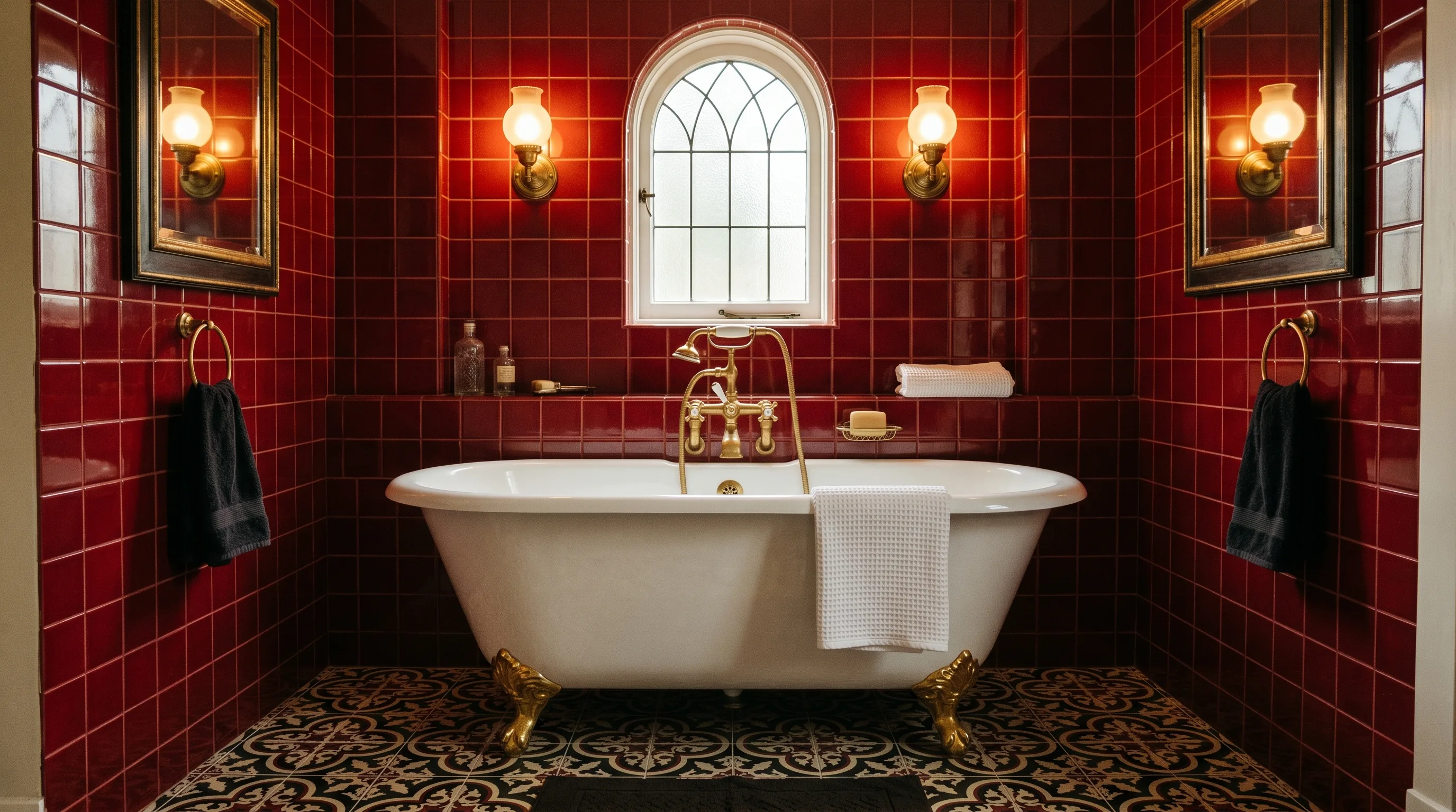 Black details giving a red tile bathroom a retro edge.