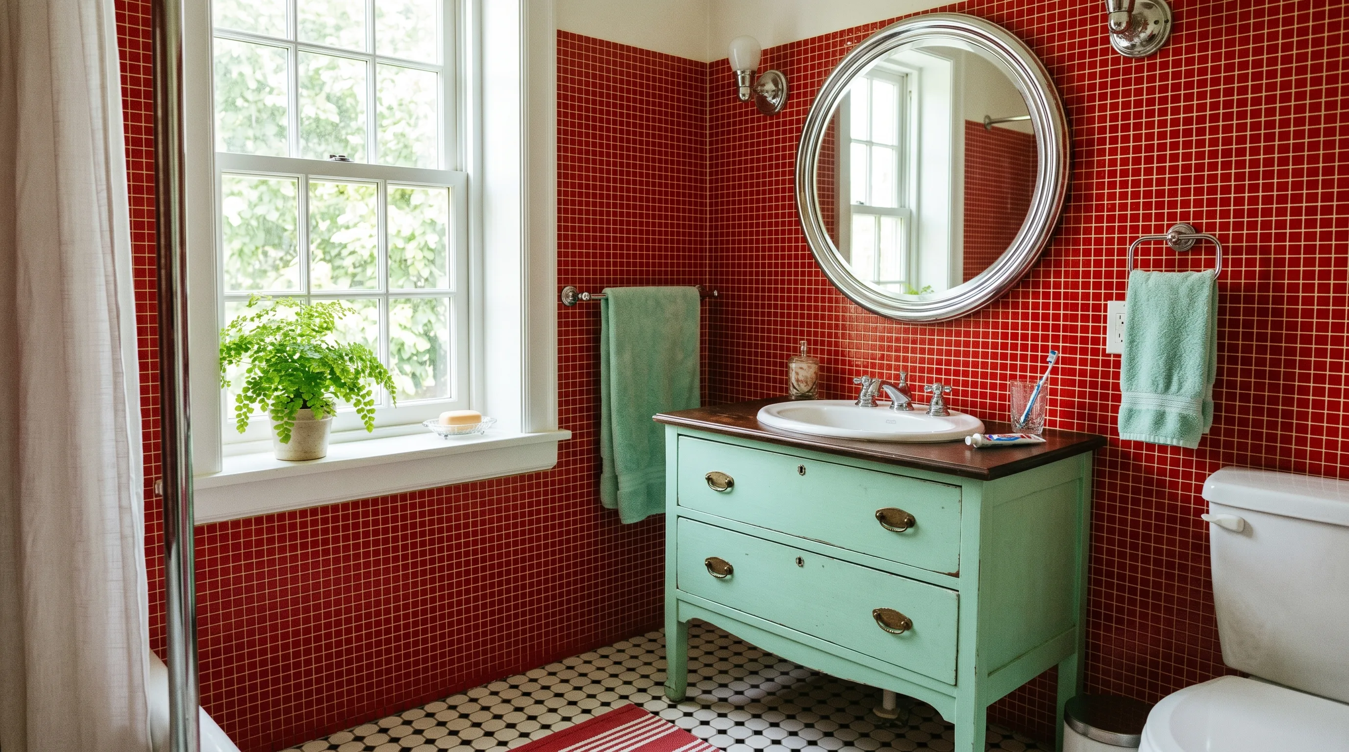 Glossy red bathroom tile creating old-school vintage drama.
