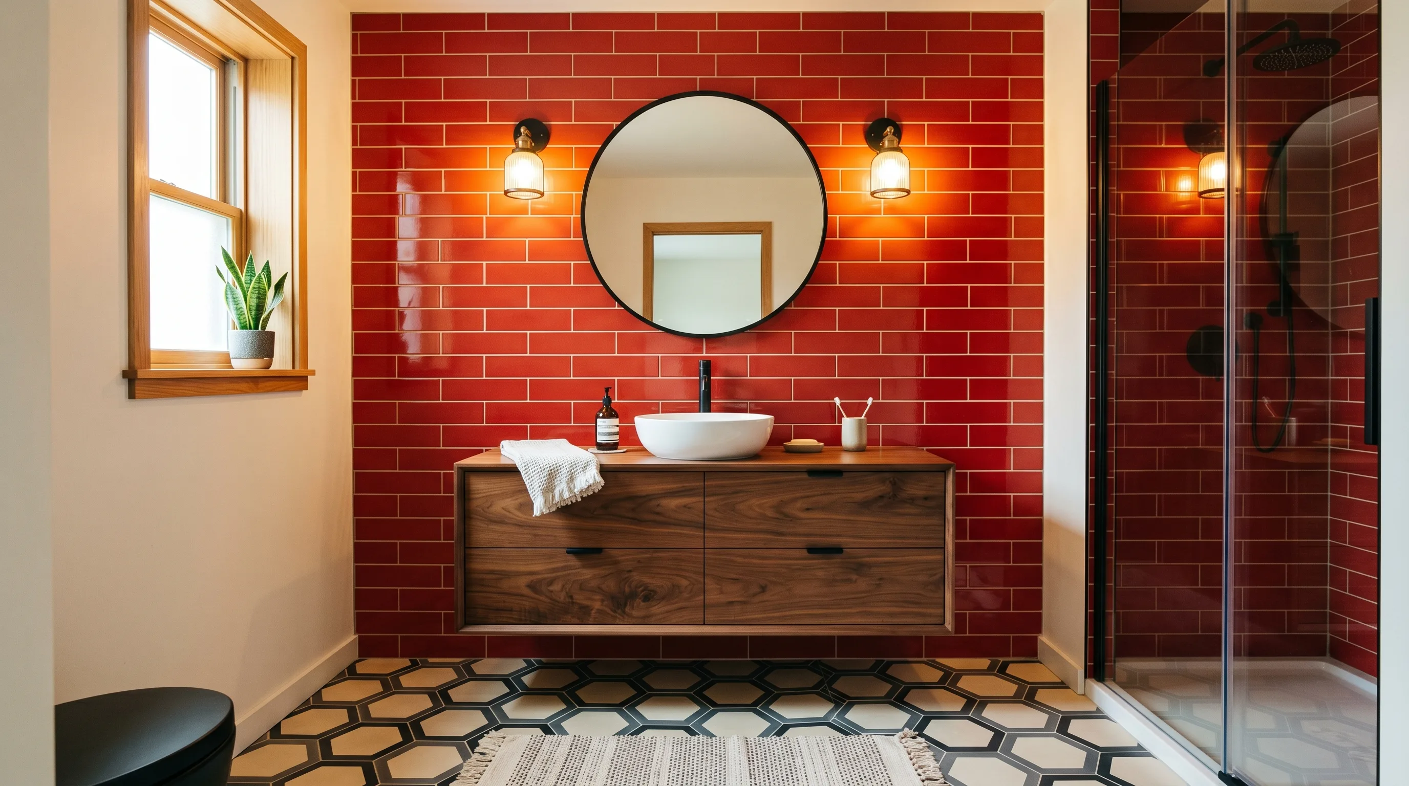 One main red tile wall creating a bold vintage bathroom statement.