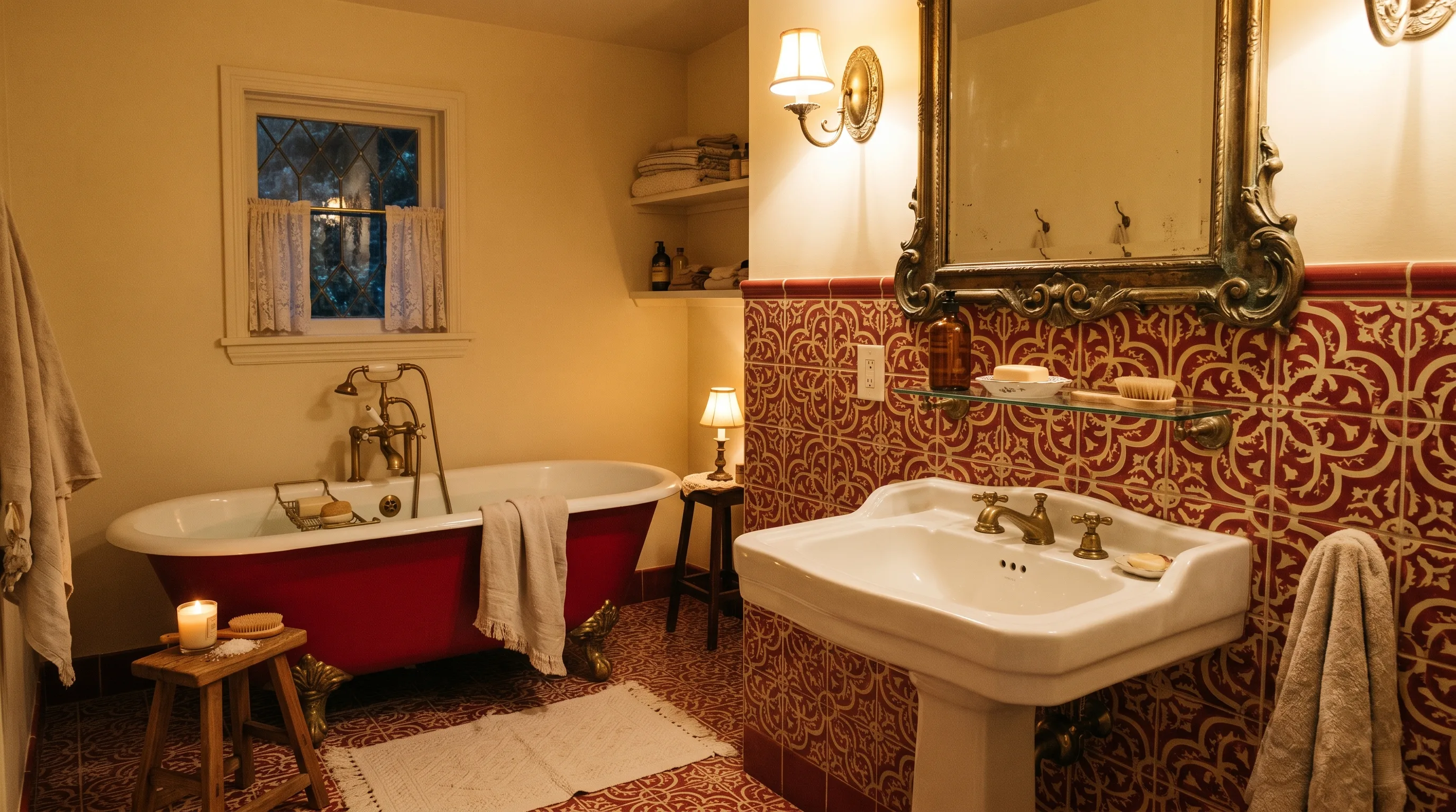 Red tile bathroom softened with cream accents for vintage warmth.