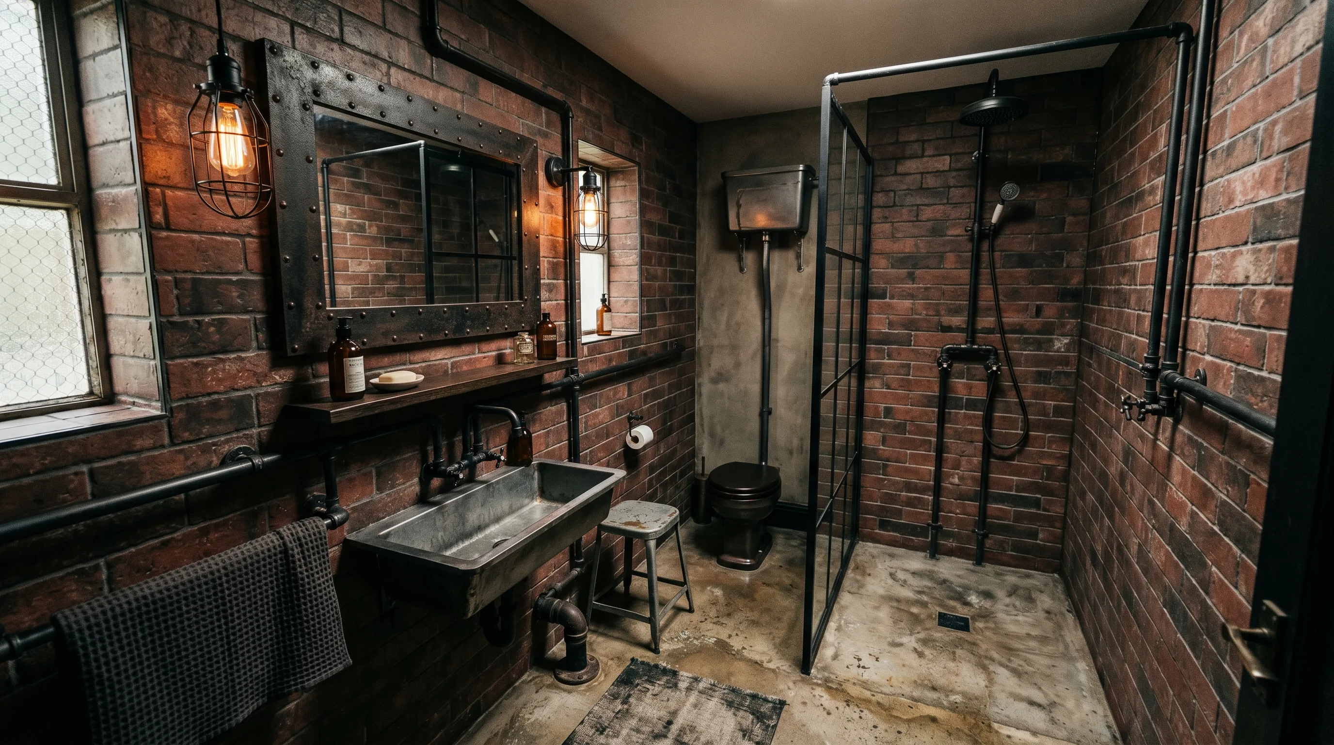 Checkerboard flooring adding retro flavor to a red tile bathroom.