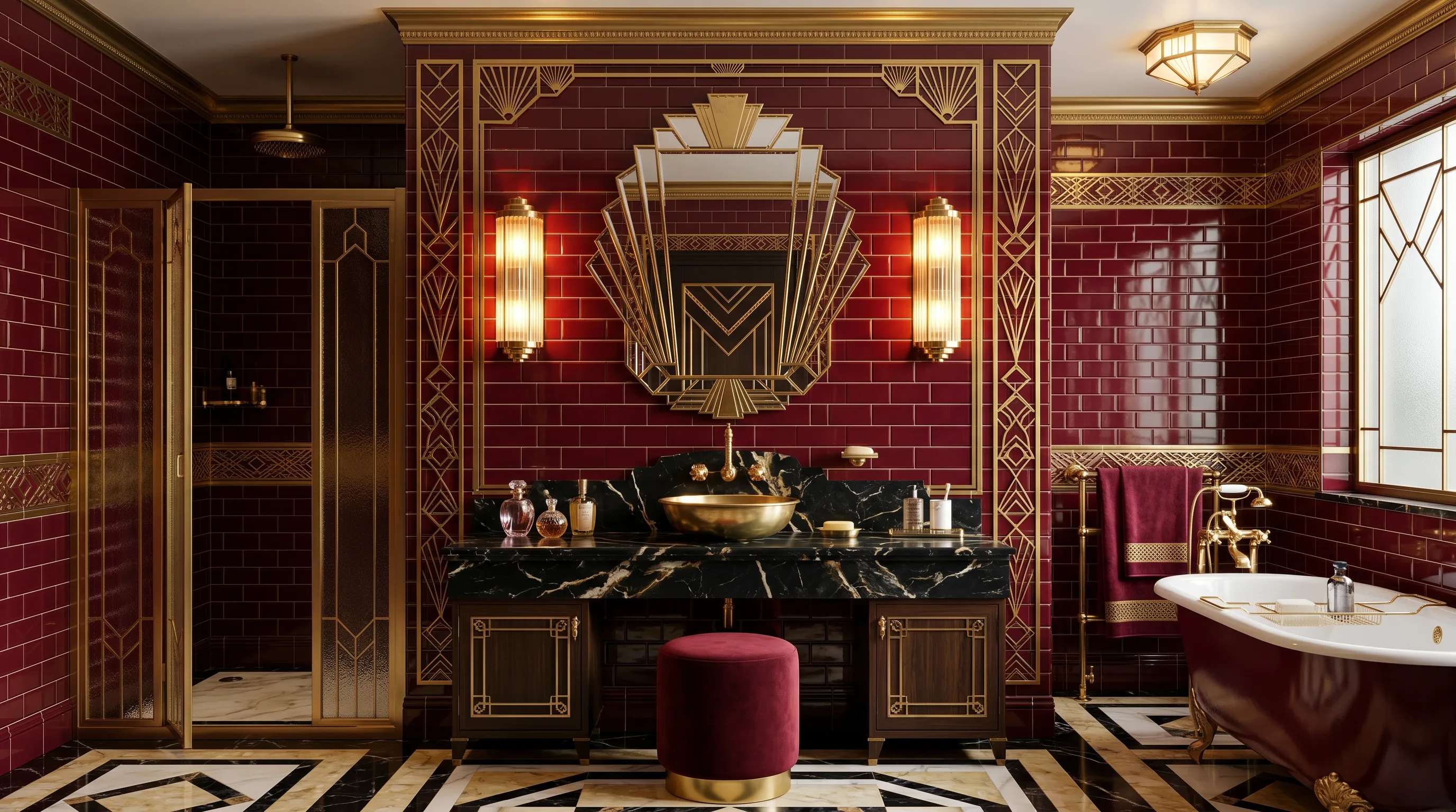 Warm metal details enriching a vibrant red tile bathroom.