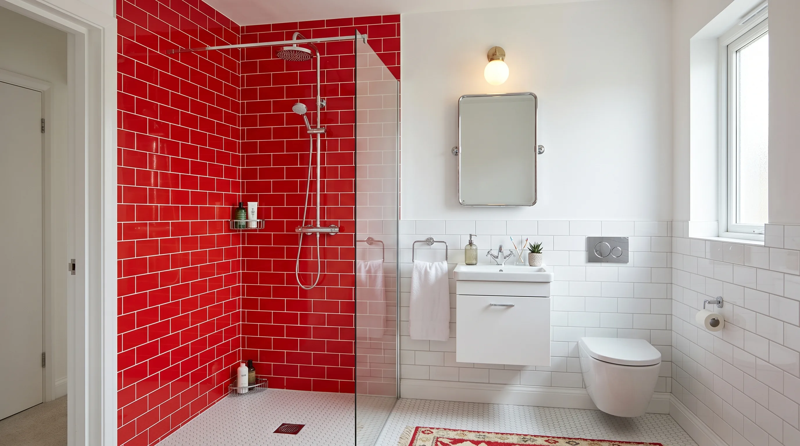 Minimal decor around bold red tile in a vintage bathroom.