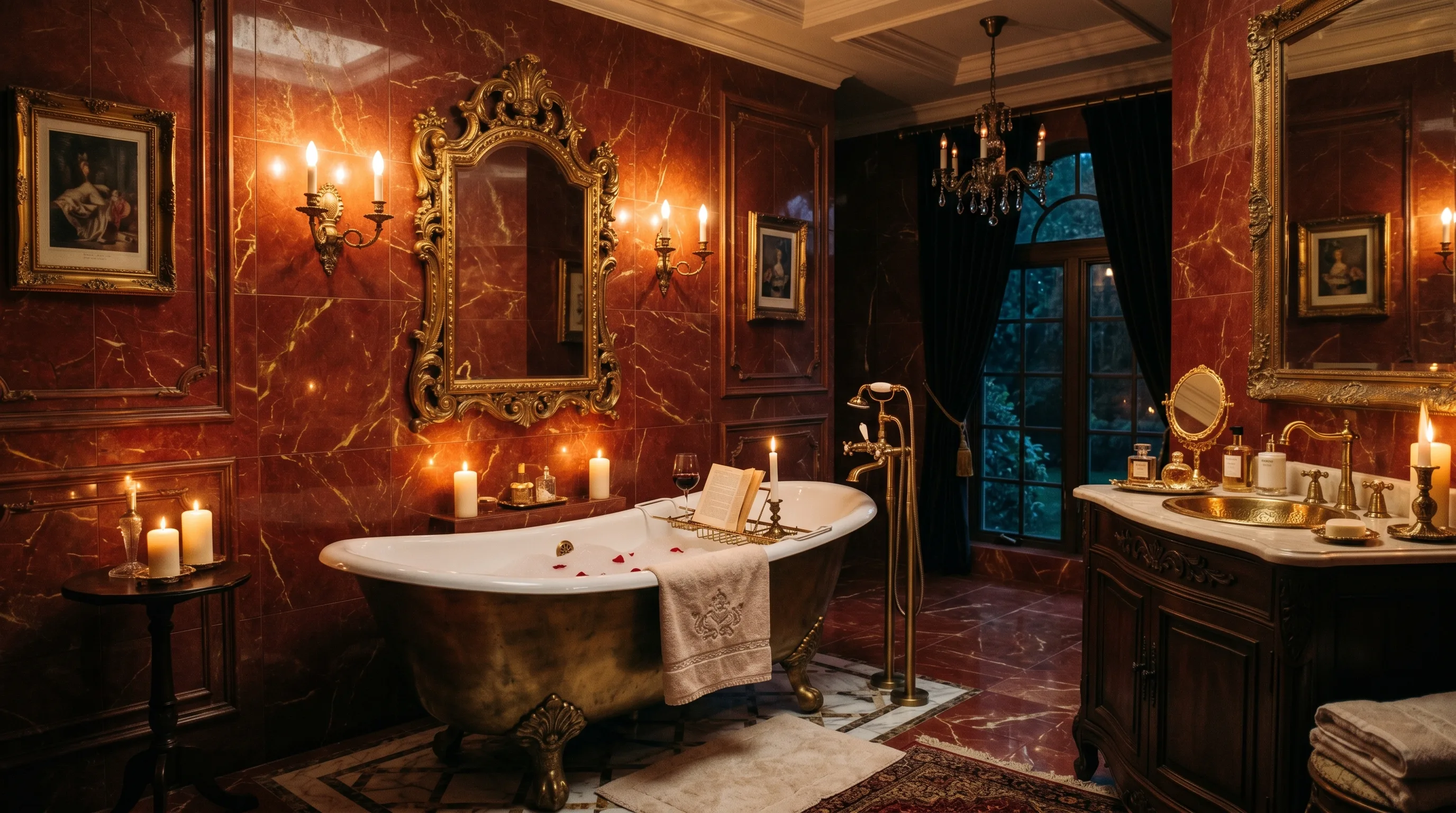Lighting flattering vibrant red tile in a bold vintage bathroom.