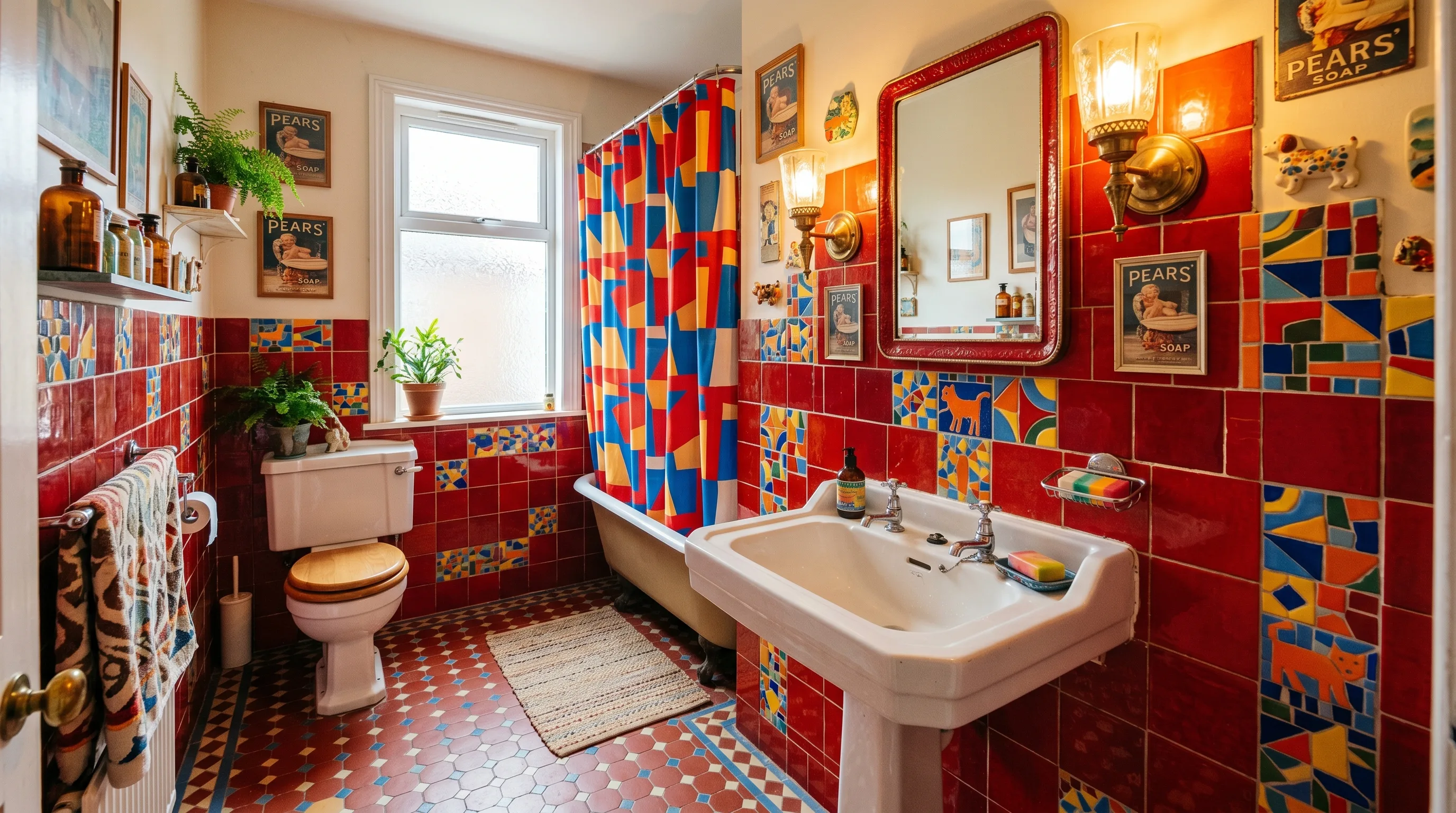 Red tile bathroom that feels bold playful and intentionally vintage.