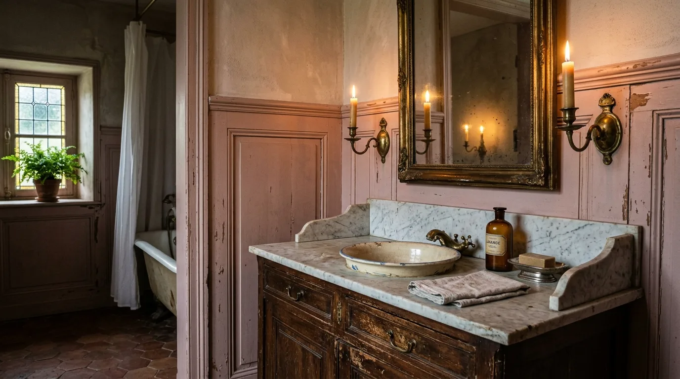 use lighting to bring the space to life in a bathroom inspired by vintage dusty pink an.
