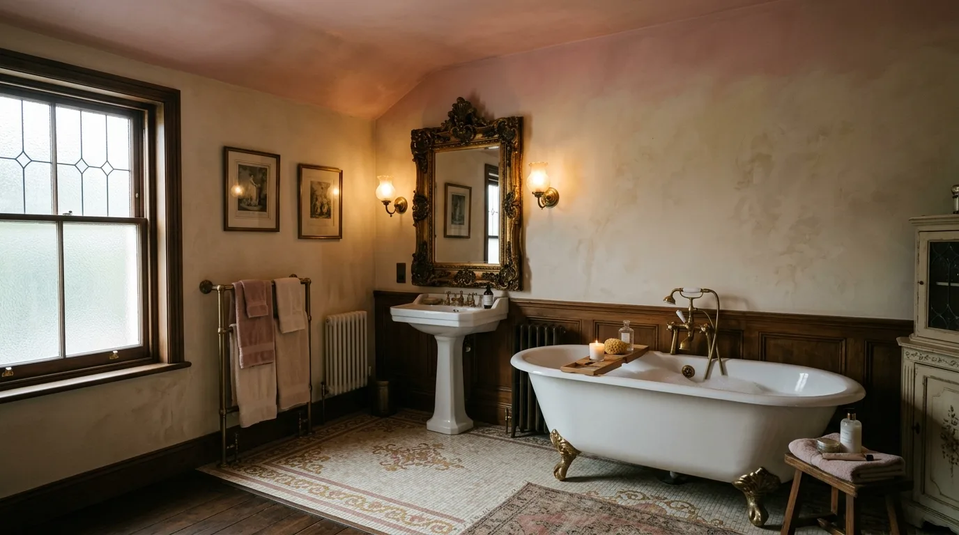 add texture for more depth in a bathroom inspired by vintage dusty pink an.