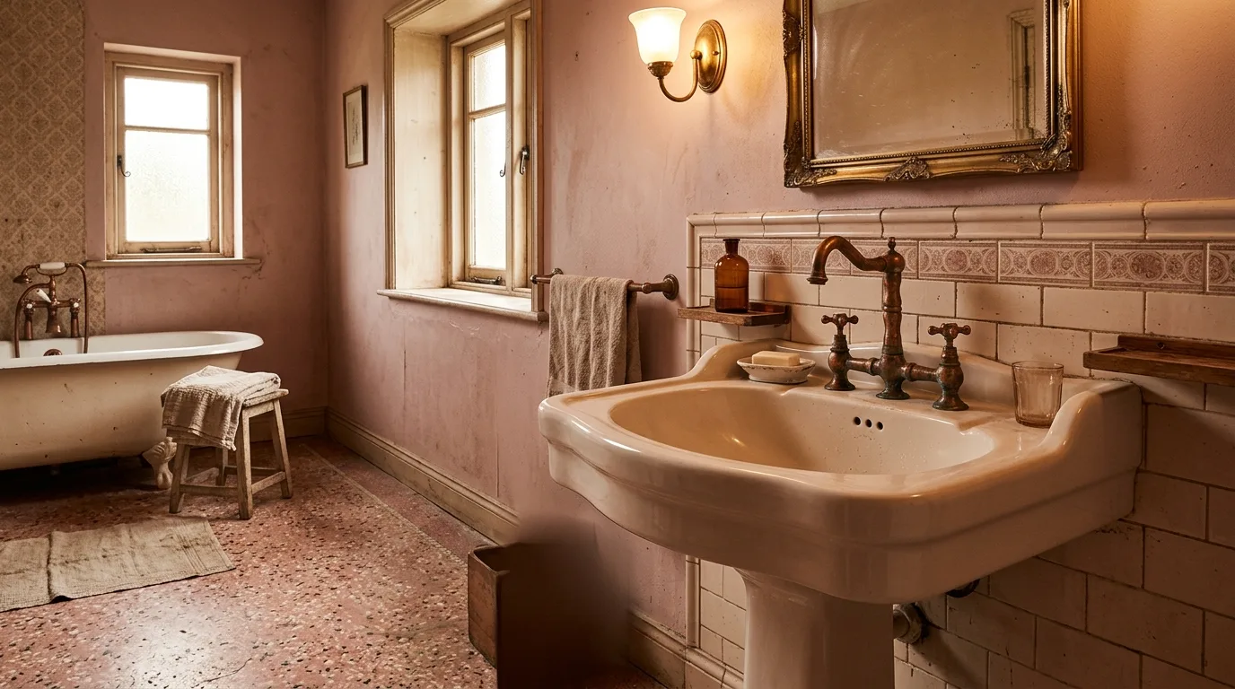 keep fixtures and lines thoughtful in a bathroom inspired by vintage dusty pink an.