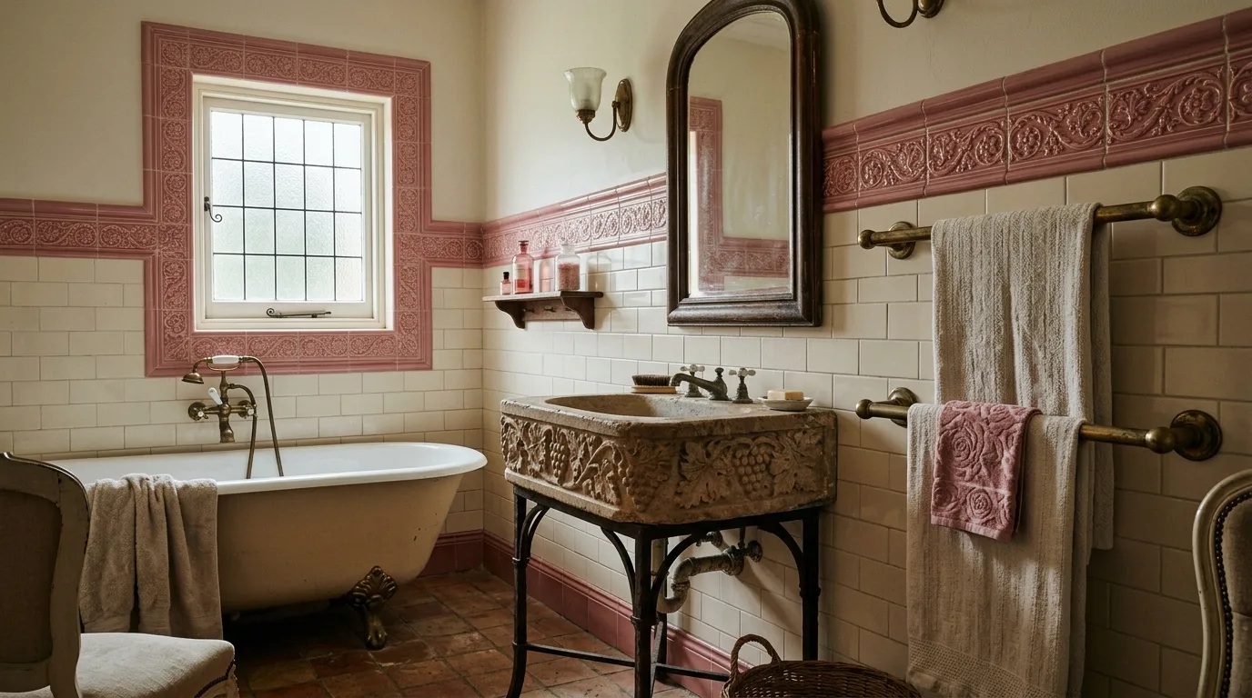 use decor that reinforces the look in a bathroom inspired by vintage dusty pink an.