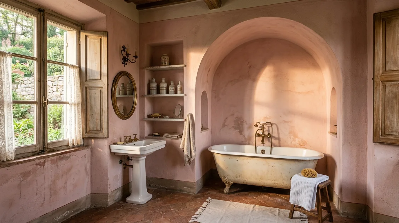 let the room feel personal and restful in a bathroom inspired by vintage dusty pink an.