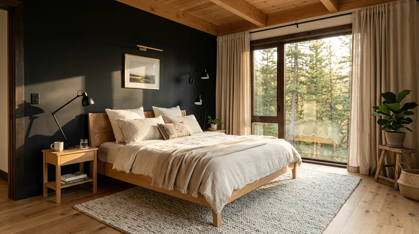 Warm black and wood bedroom with balanced modern cabin character and layered softness.