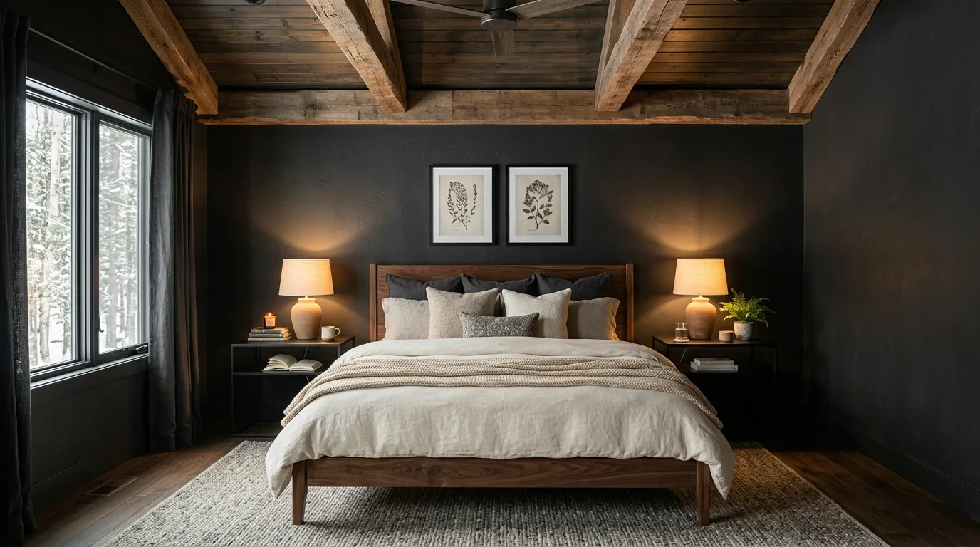 Black bed frame in a wood-rich room with balanced modern cabin style.