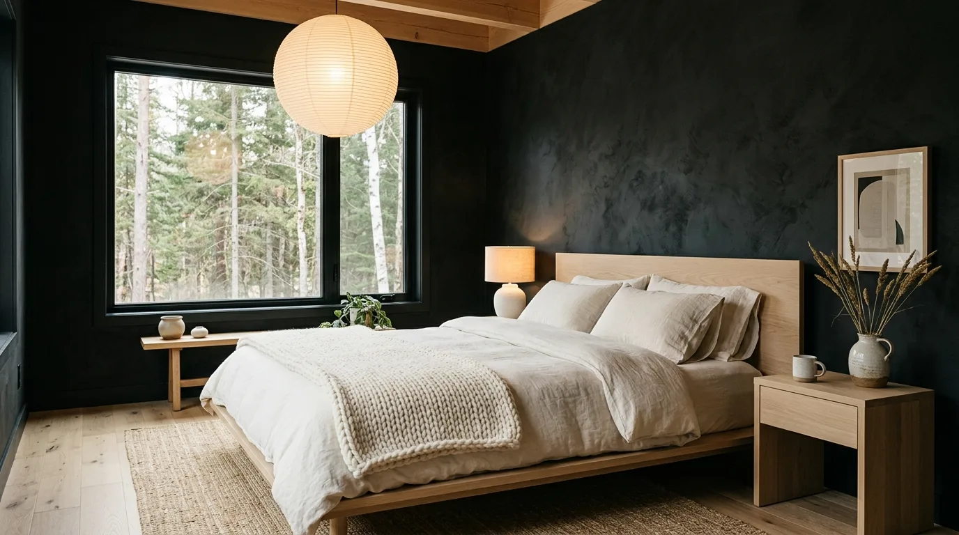 Black and wood bedroom with cream bedding relief and warm balanced texture.