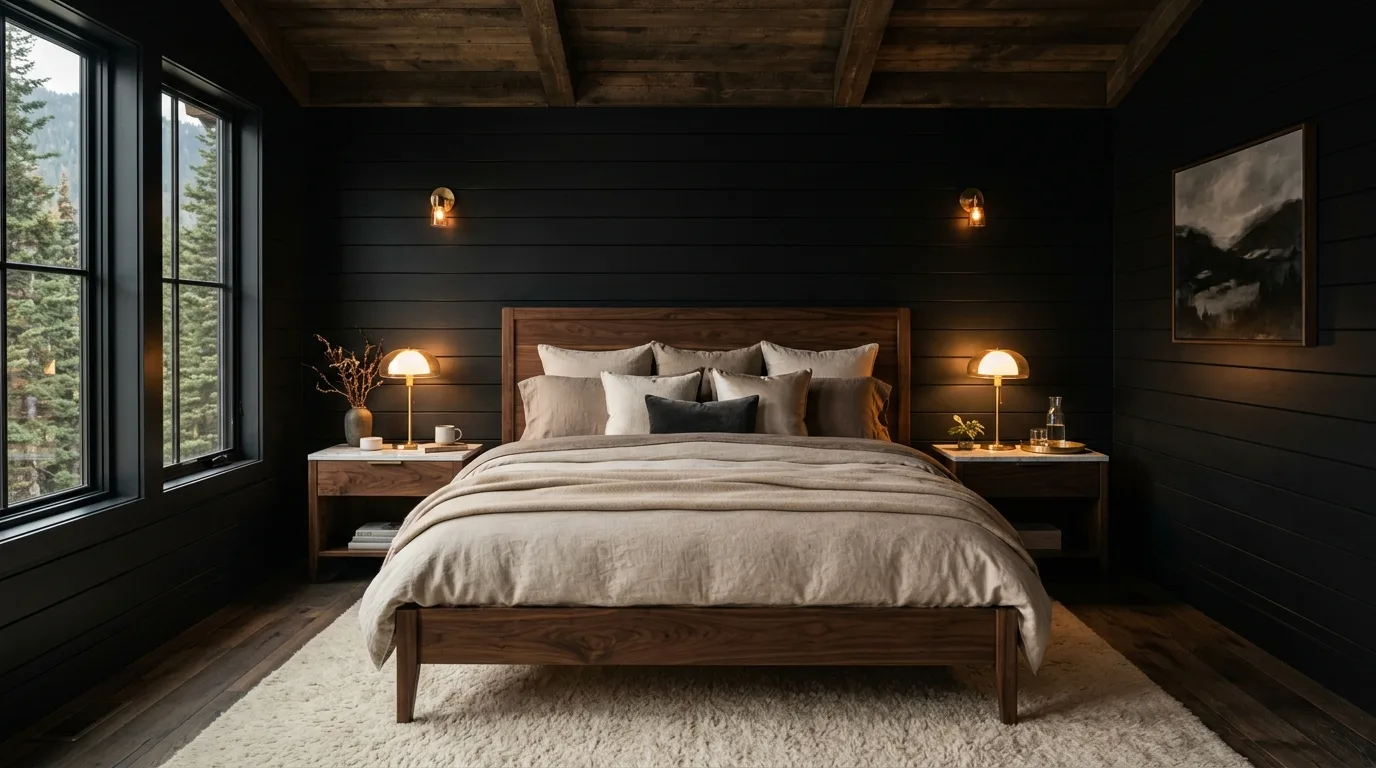 Black framing warm wood grain in a balanced modern cabin bedroom.