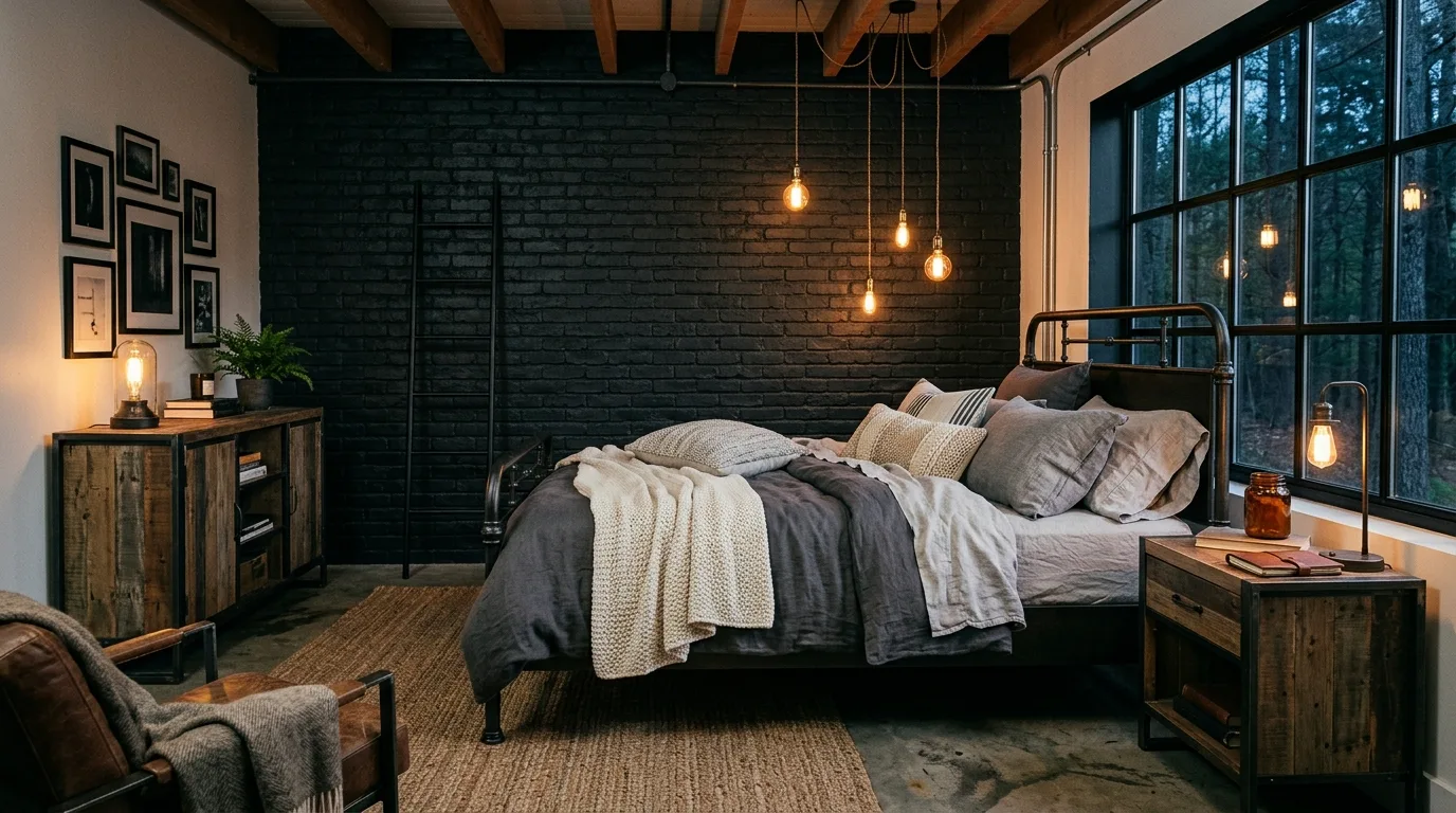 Matte black and rustic oak together in a warm balanced cabin bedroom.