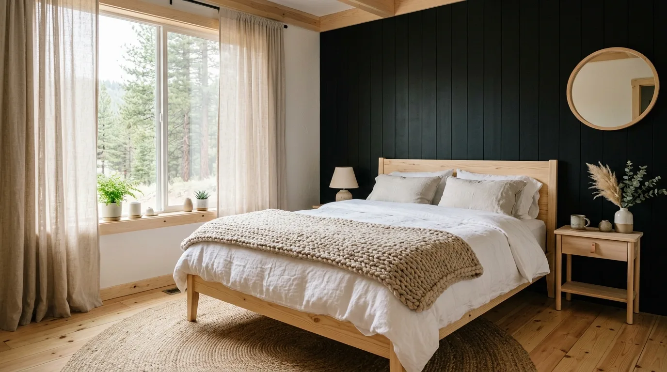 Warm lighting in a black and wood room with modern cabin comfort.