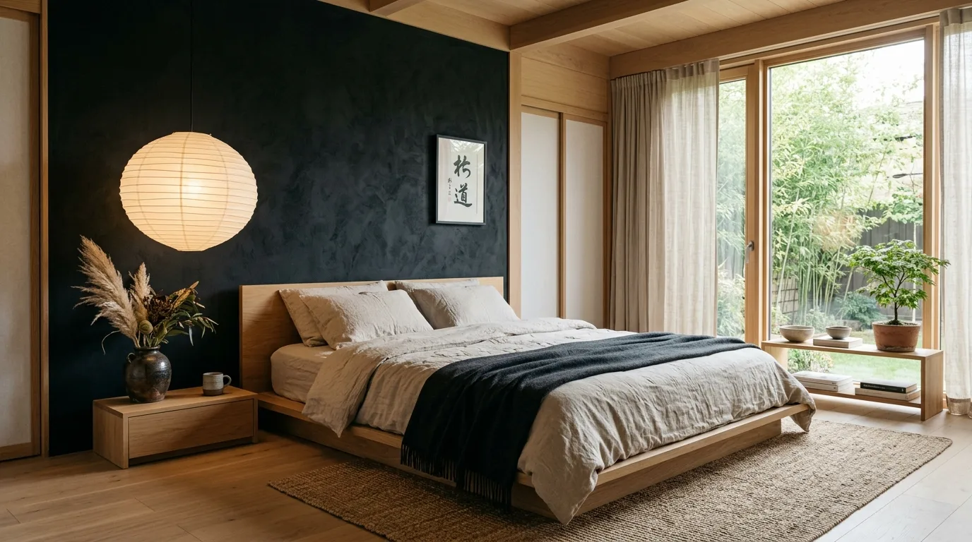 Modern cabin bed with black metal notes and warm wood surroundings.