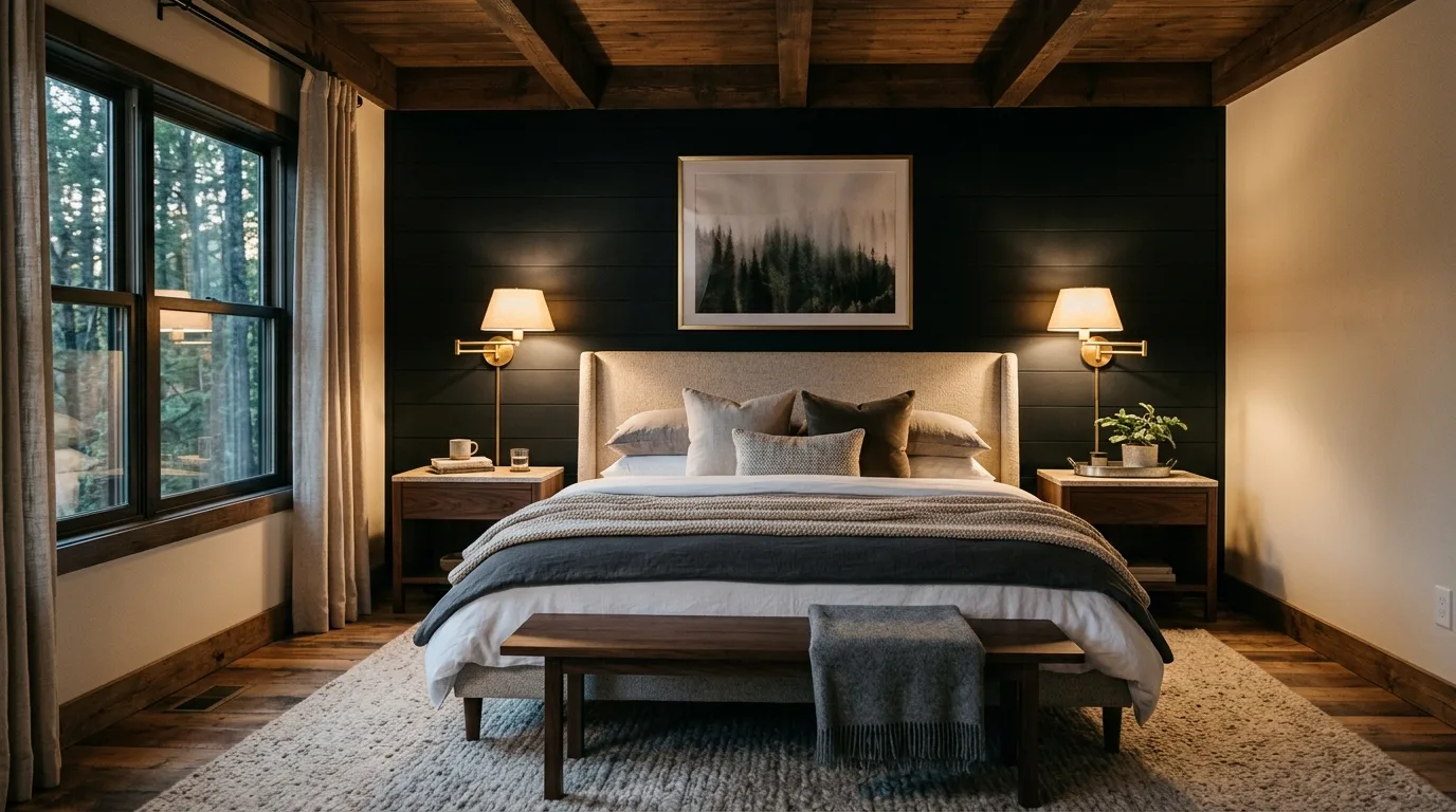 Black accent wall in a timber bedroom with warm modern cabin style.