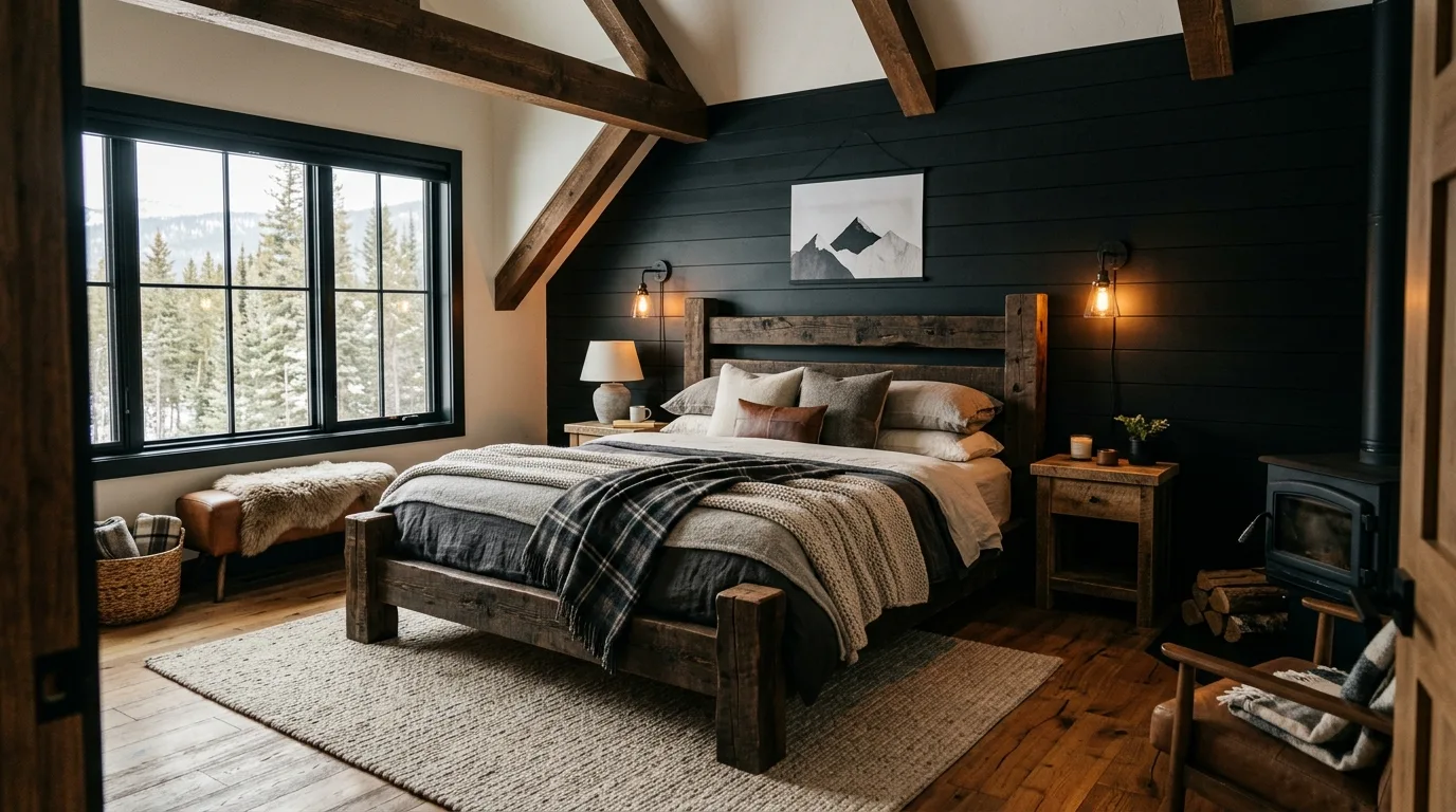 Wool and linen layered across a black and wood palette in a cozy bedroom.