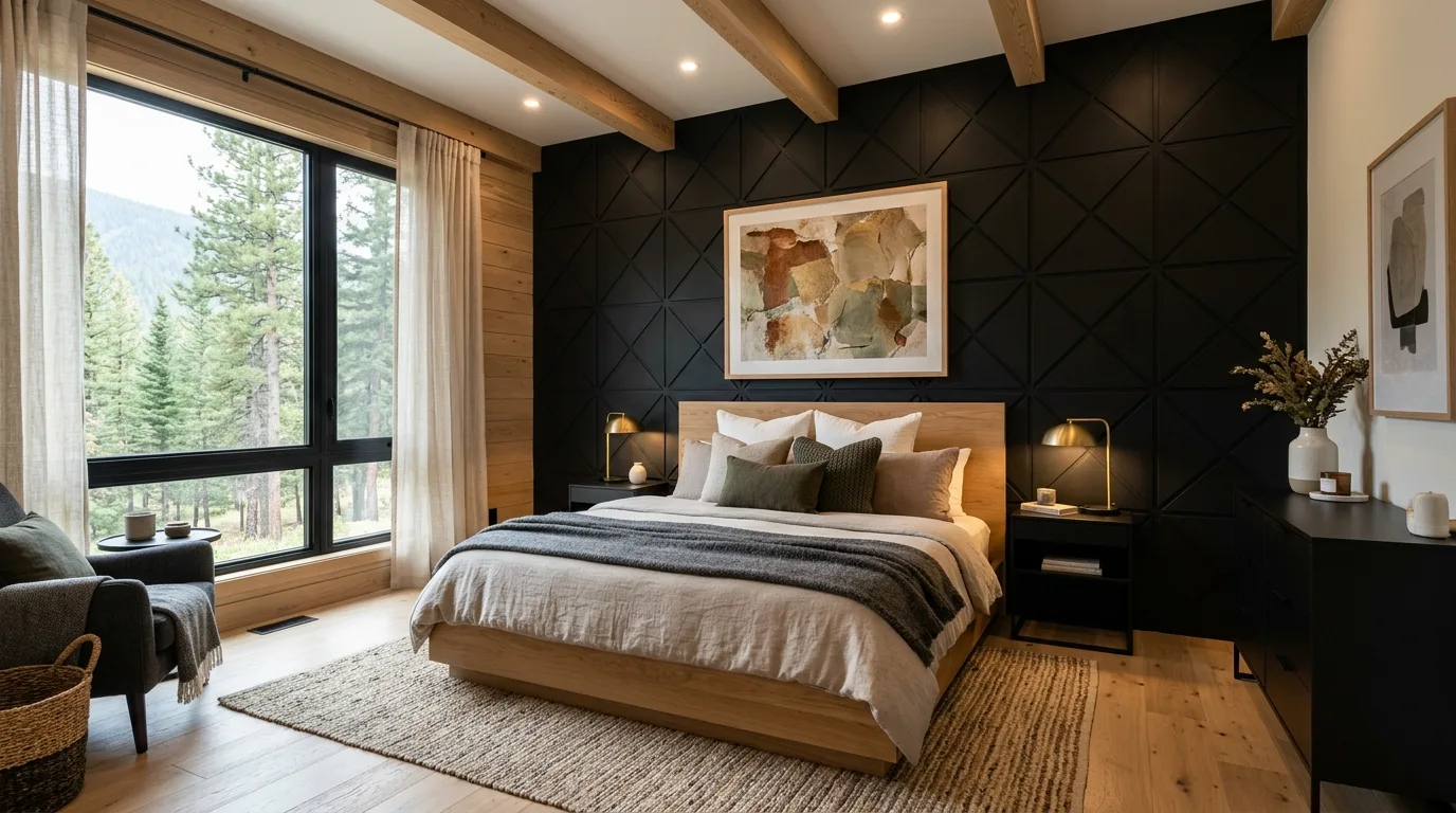 Black and wood bedroom with a calm neutral rug and grounded warmth.