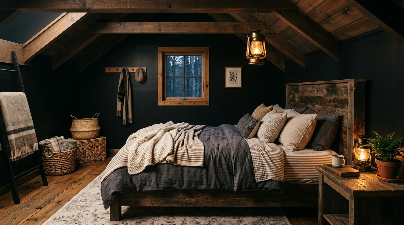 Dark cabin mood with modern restraint in a black and wood bedroom.
