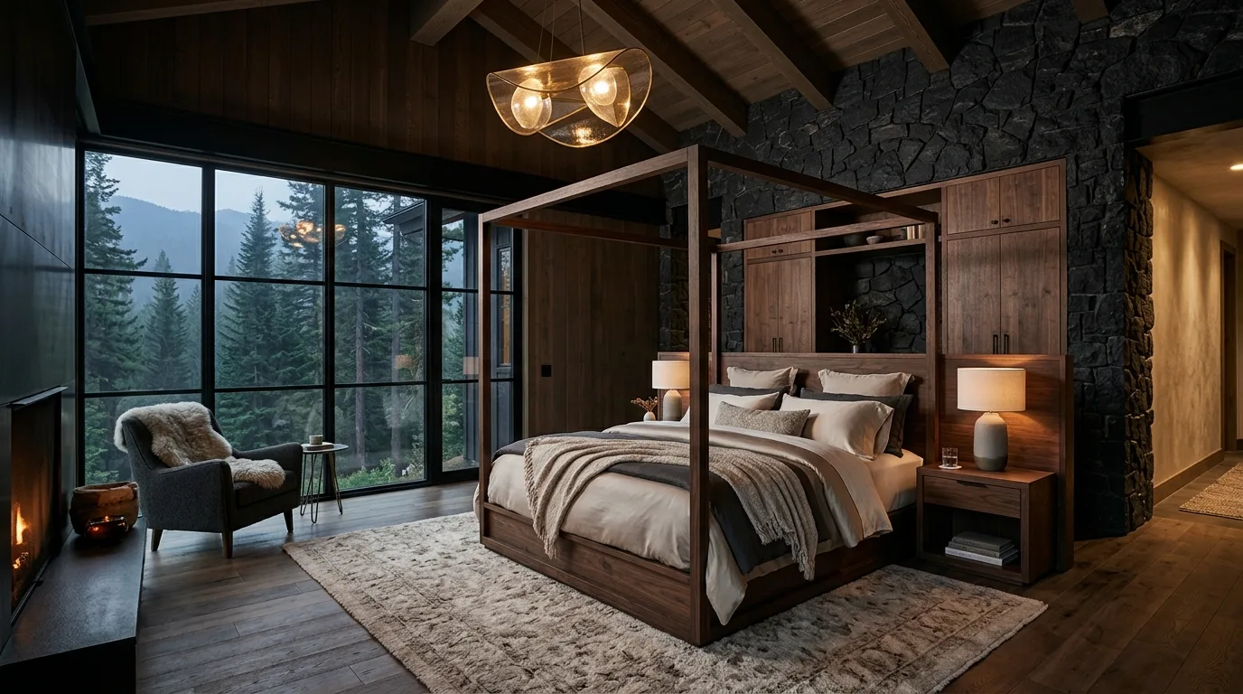 Wood slats and black structure creating depth in a modern cabin bedroom.