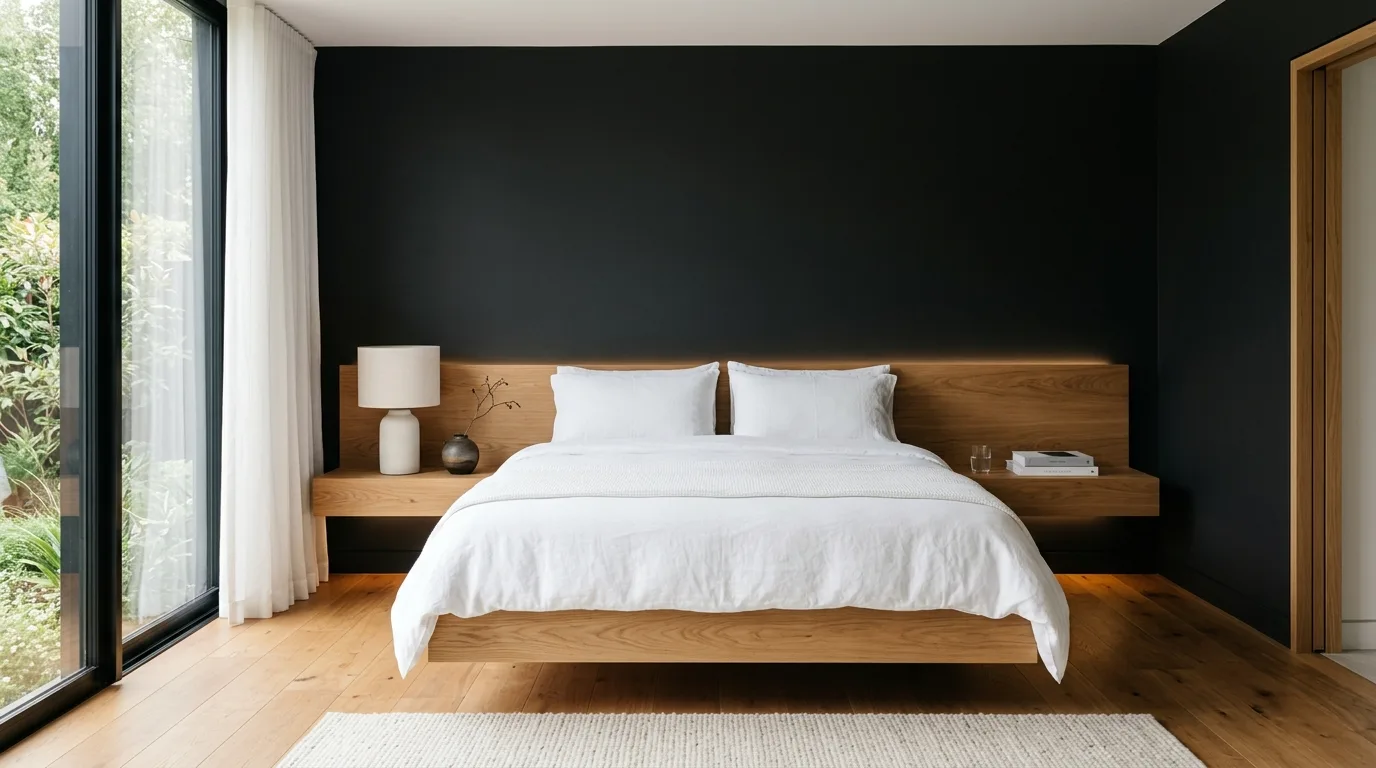 Cozy modern cabin bed with black contrast and layered wood warmth.