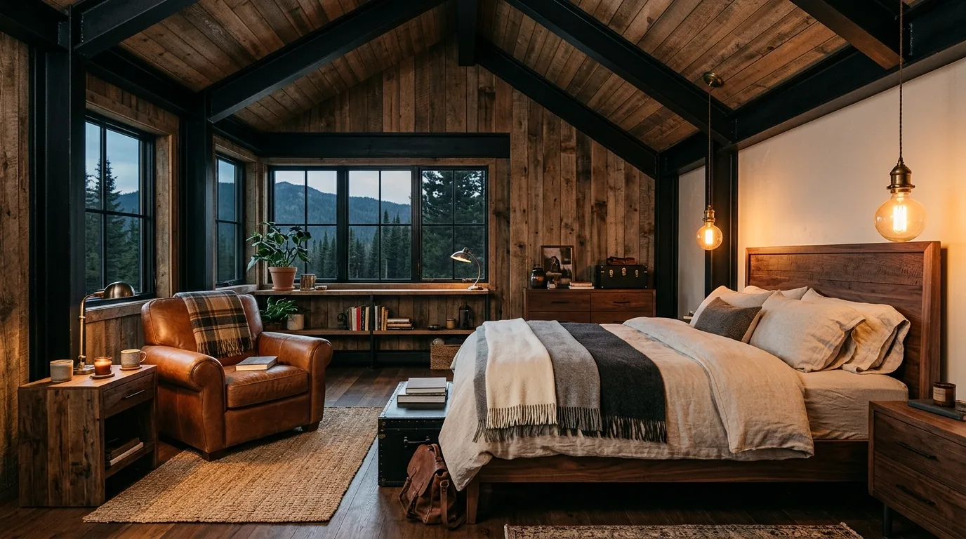 Black and wood bedroom feeling warm balanced and refined with modern cabin calm.