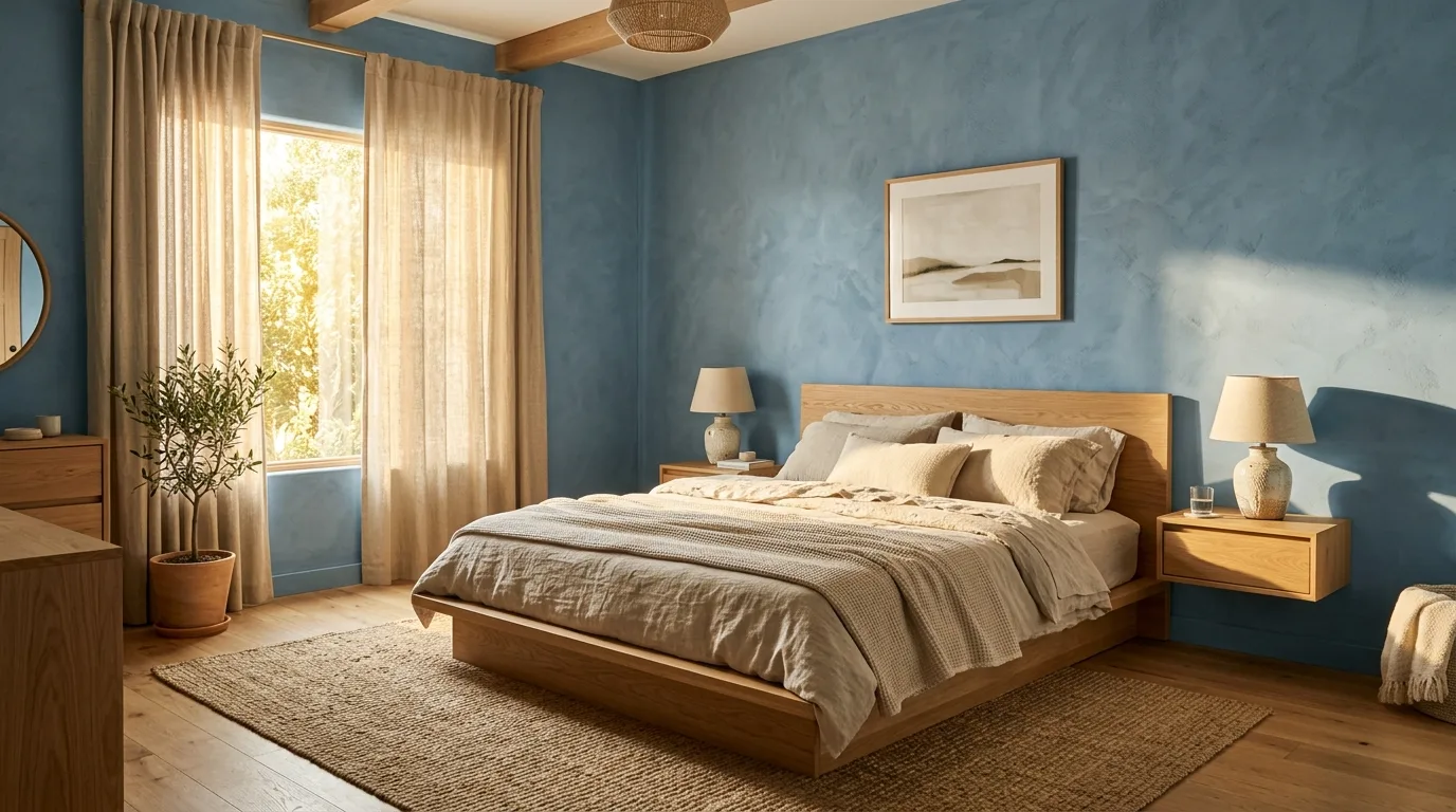 Warm blue bedroom with wood bed frame and organic natural styling.