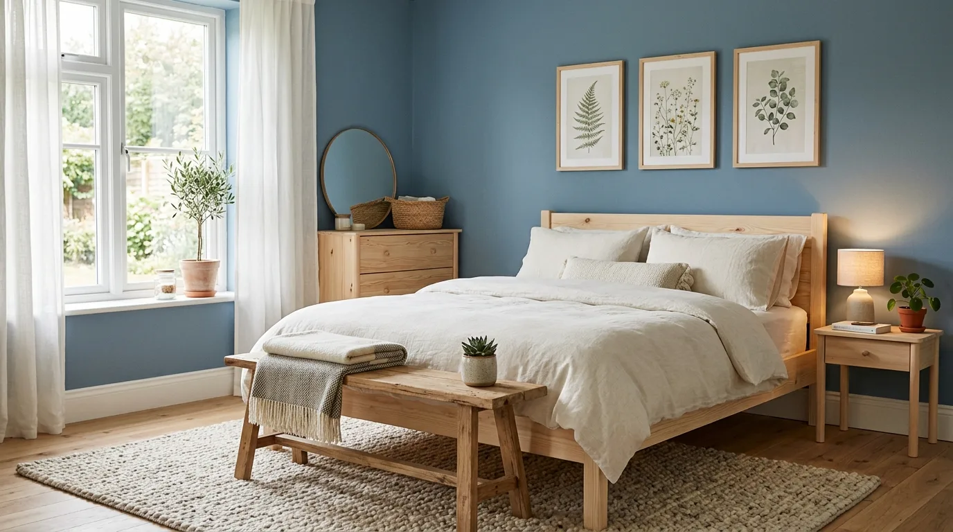 Dusty blue bedding on a walnut bed frame in a calm organic bedroom.