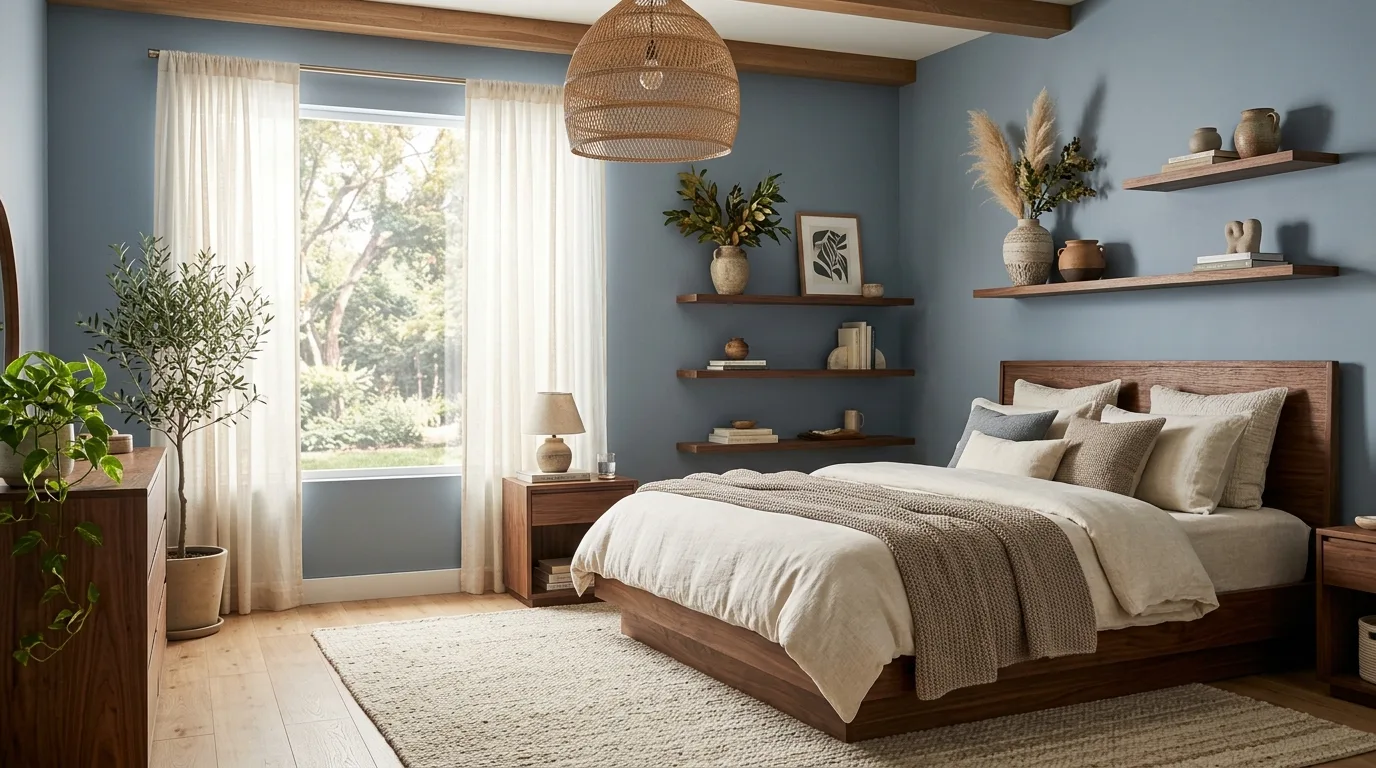 Weathered wood bedroom with smoky blue layers and soft organic styling.