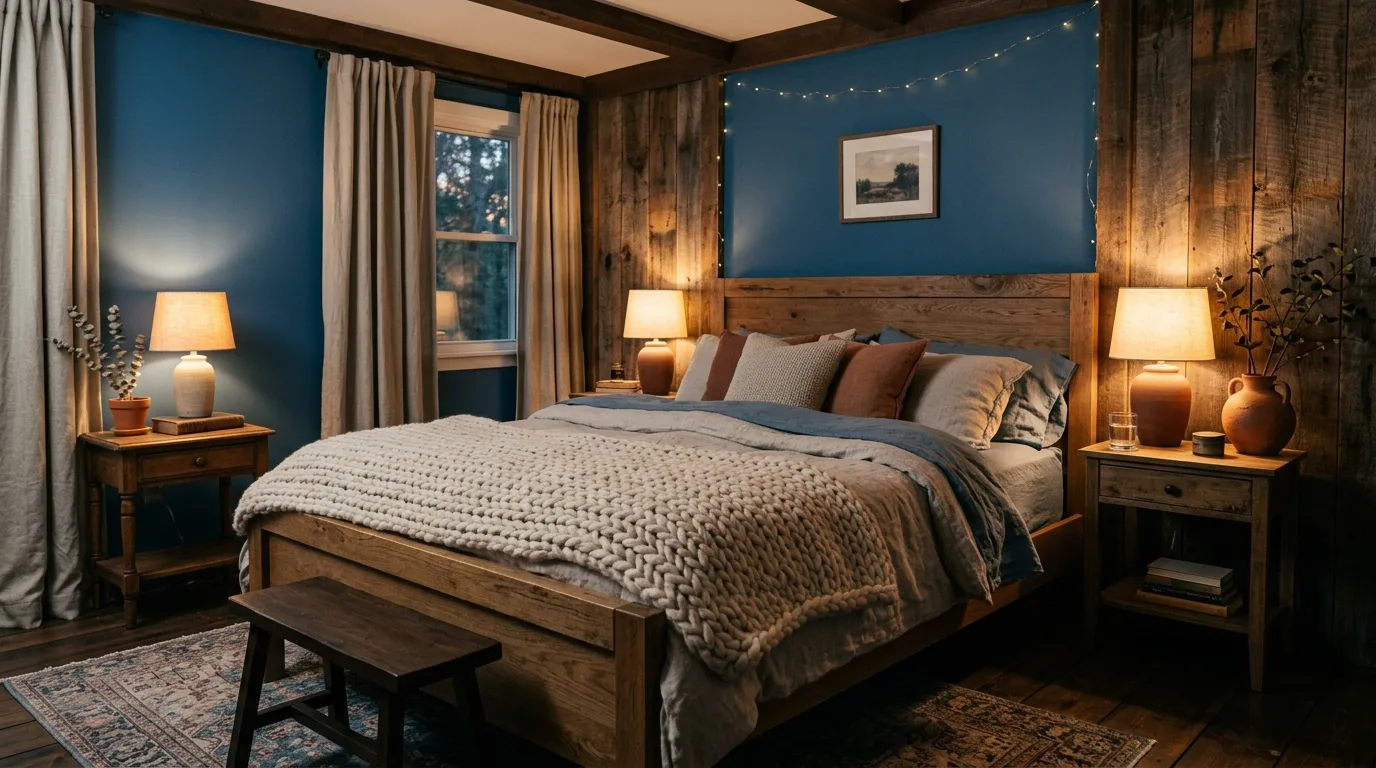 Blue-grey linen bedding with pale ash wood furniture in a bedroom.