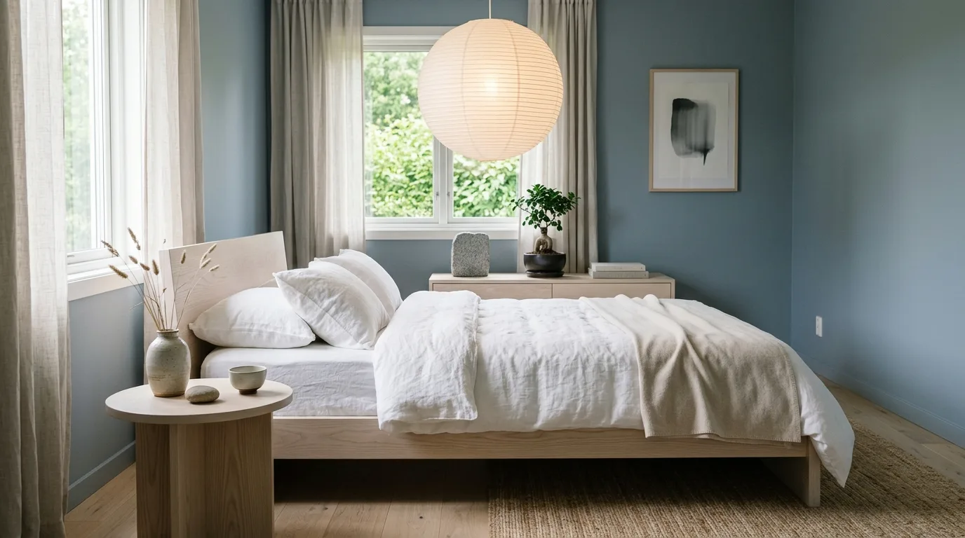Deep dusty blue bedroom with rich oak furniture and layered textures.