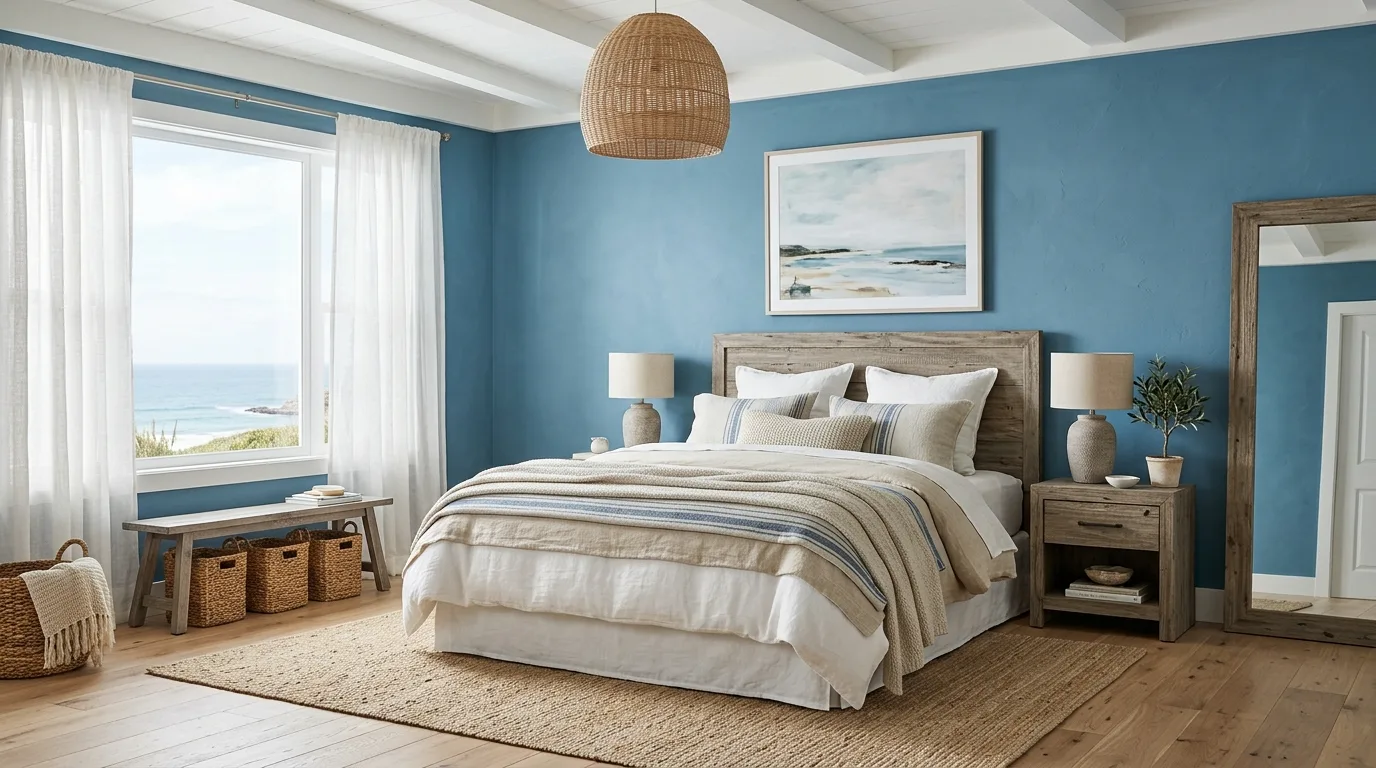 Warm blue wall paneling with natural wood grain furniture in a bedroom.
