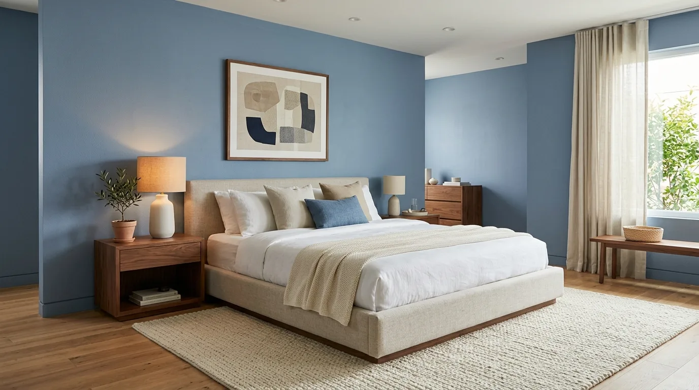 Organic modern bedroom with warm blue walls and walnut furniture.