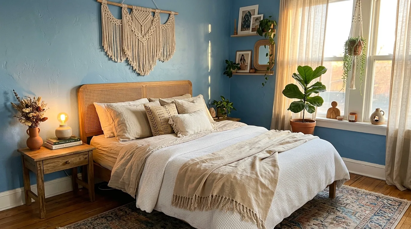 Warm blue bedding beneath exposed wood ceiling beams in a bedroom.