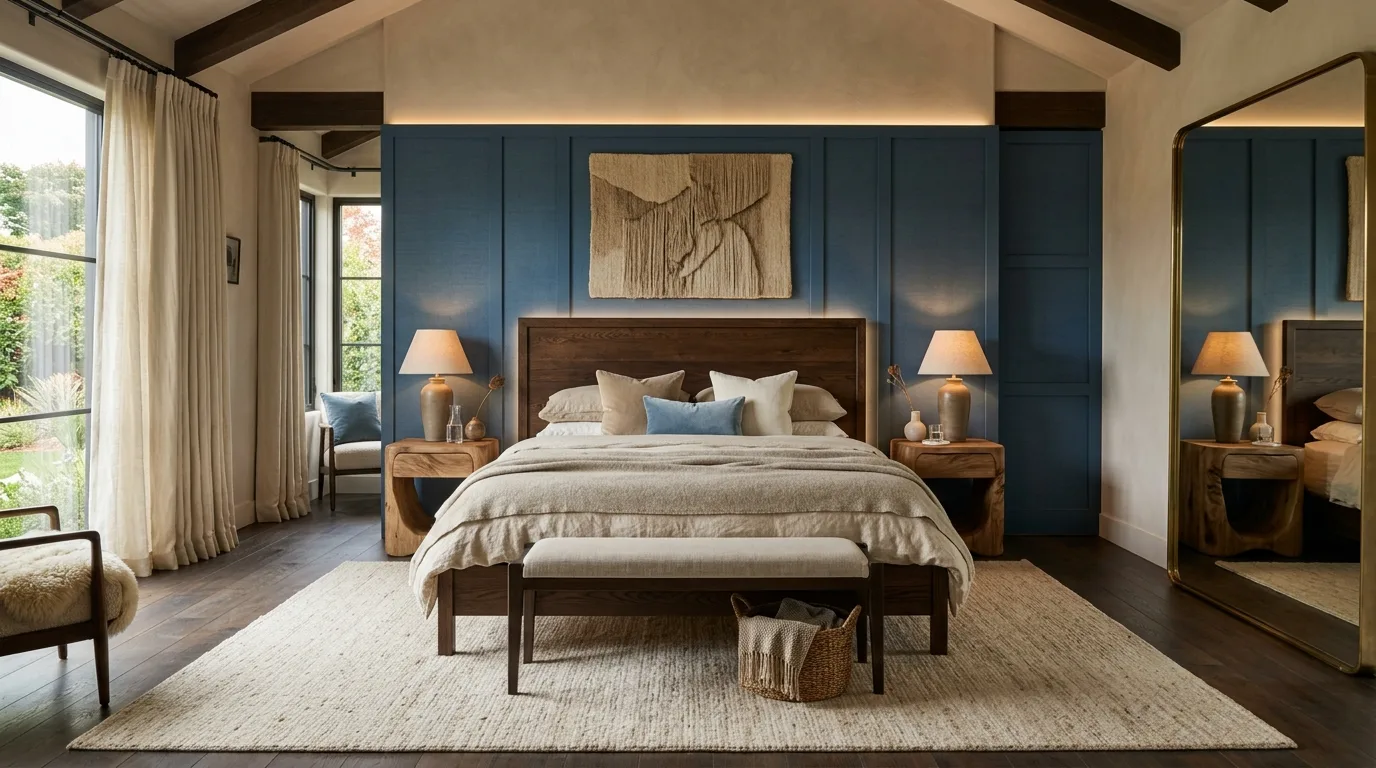 Clay-tinted blue bedroom paired with raw timber furniture and soft neutral bedding.