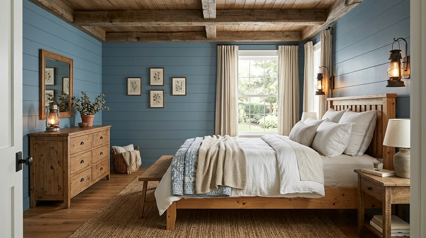 Warm blue accent wall behind a simple wooden bed frame in a bedroom.
