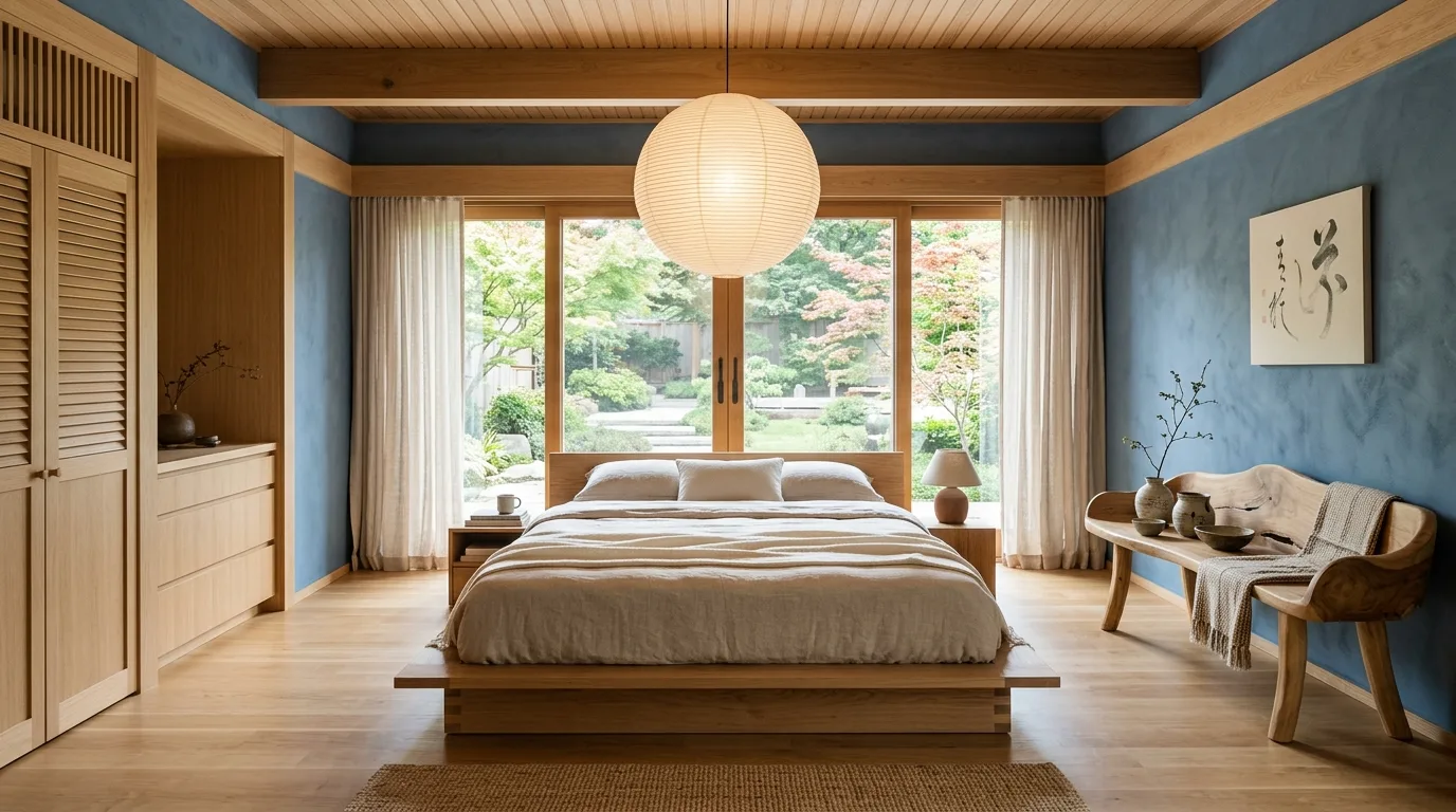 Wood-rich bedroom with layered blue textiles and organic neutral decor.