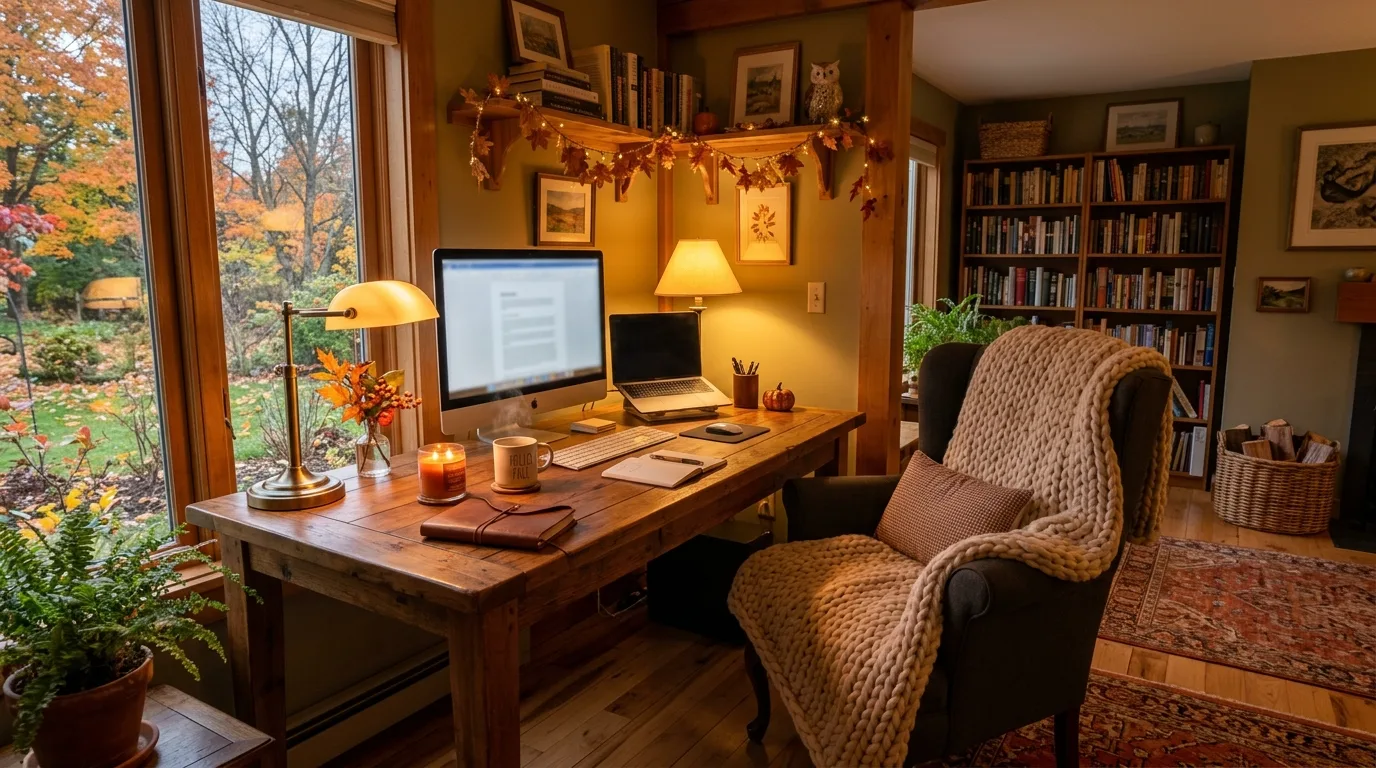 Warm Cozy Home Office Ideas for Fall and Winter Focus in a thoughtfully styled home office.