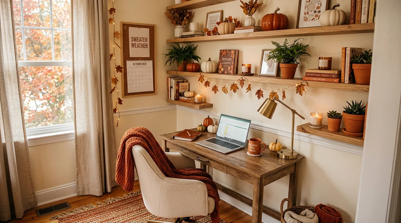 choose decor that supports focus in a home office inspired by warm cozy fall winter.