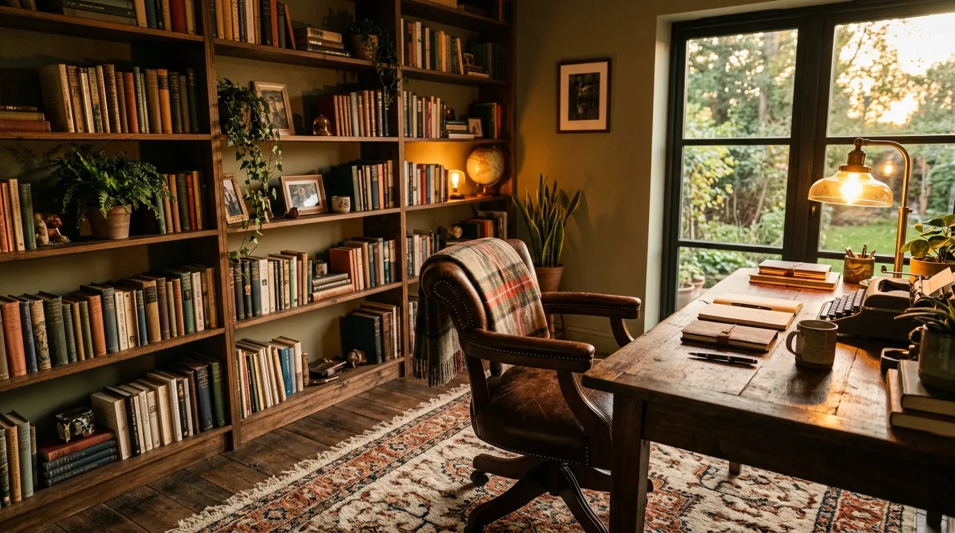 use lighting that helps you stay alert in a home office inspired by warm cozy fall winter.